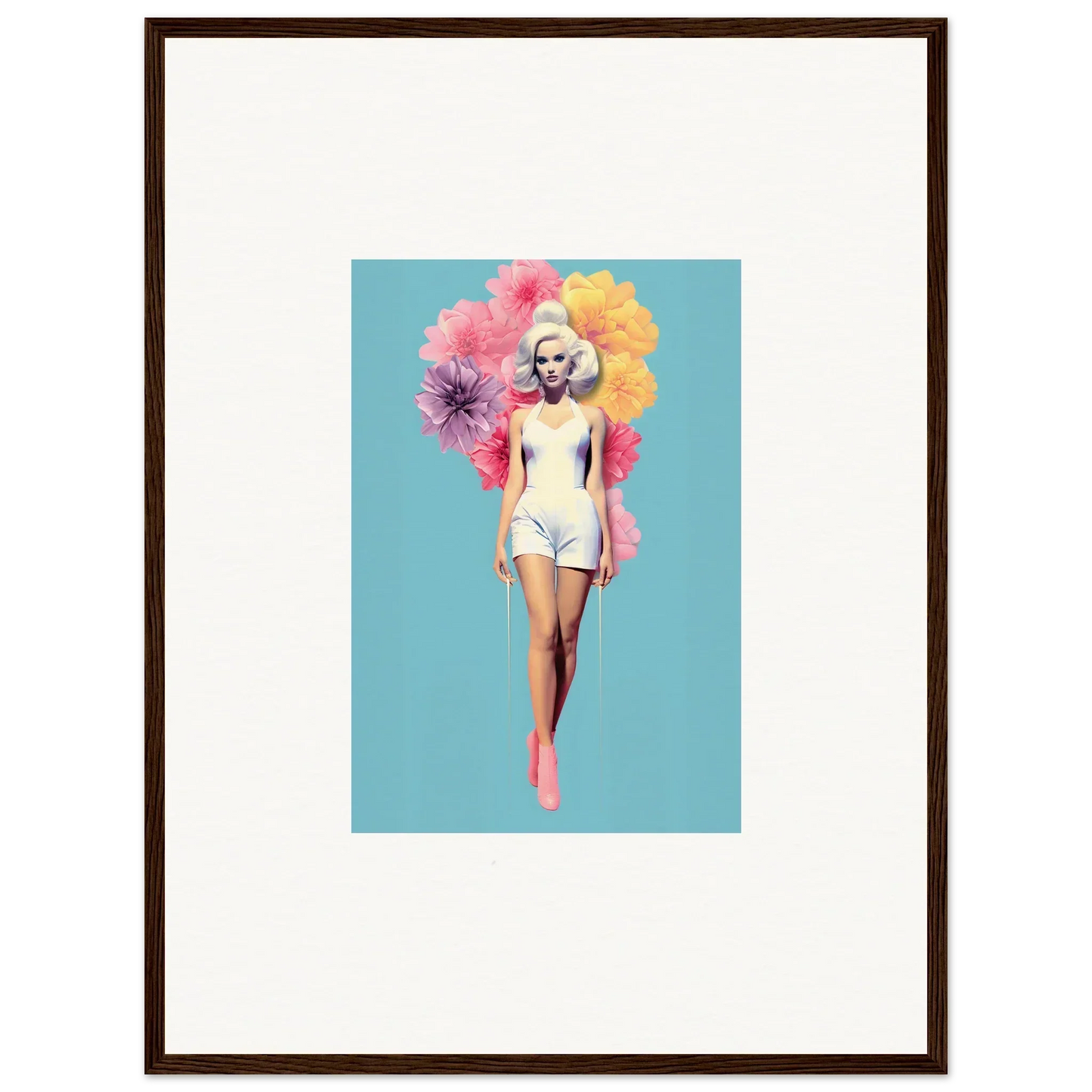 Vintage figure in white swimsuit with blooms, featuring Bubbling Radiant Essence art