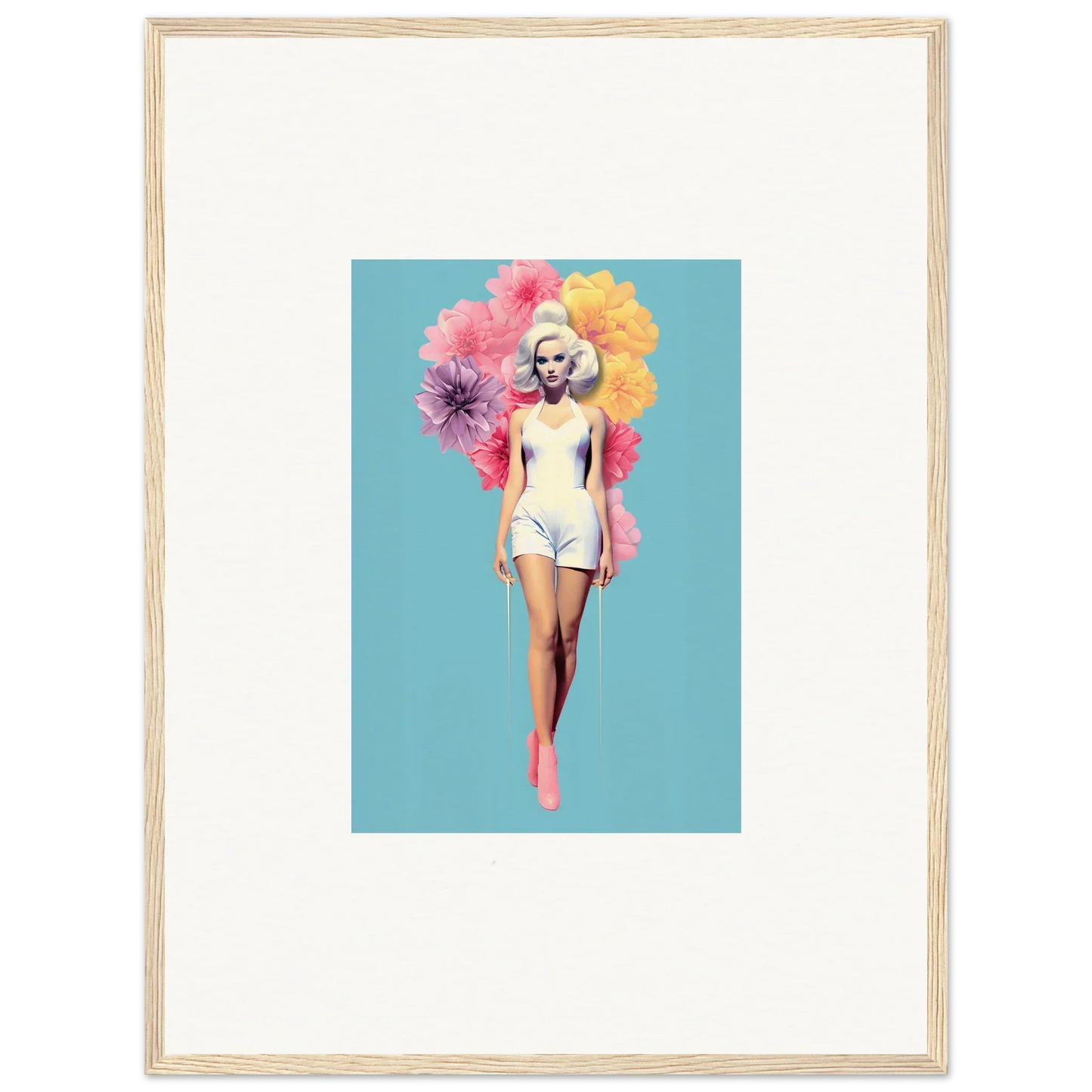 Vintage figure in white swimsuit with floral backdrop for Bubbling Radiant Essence art