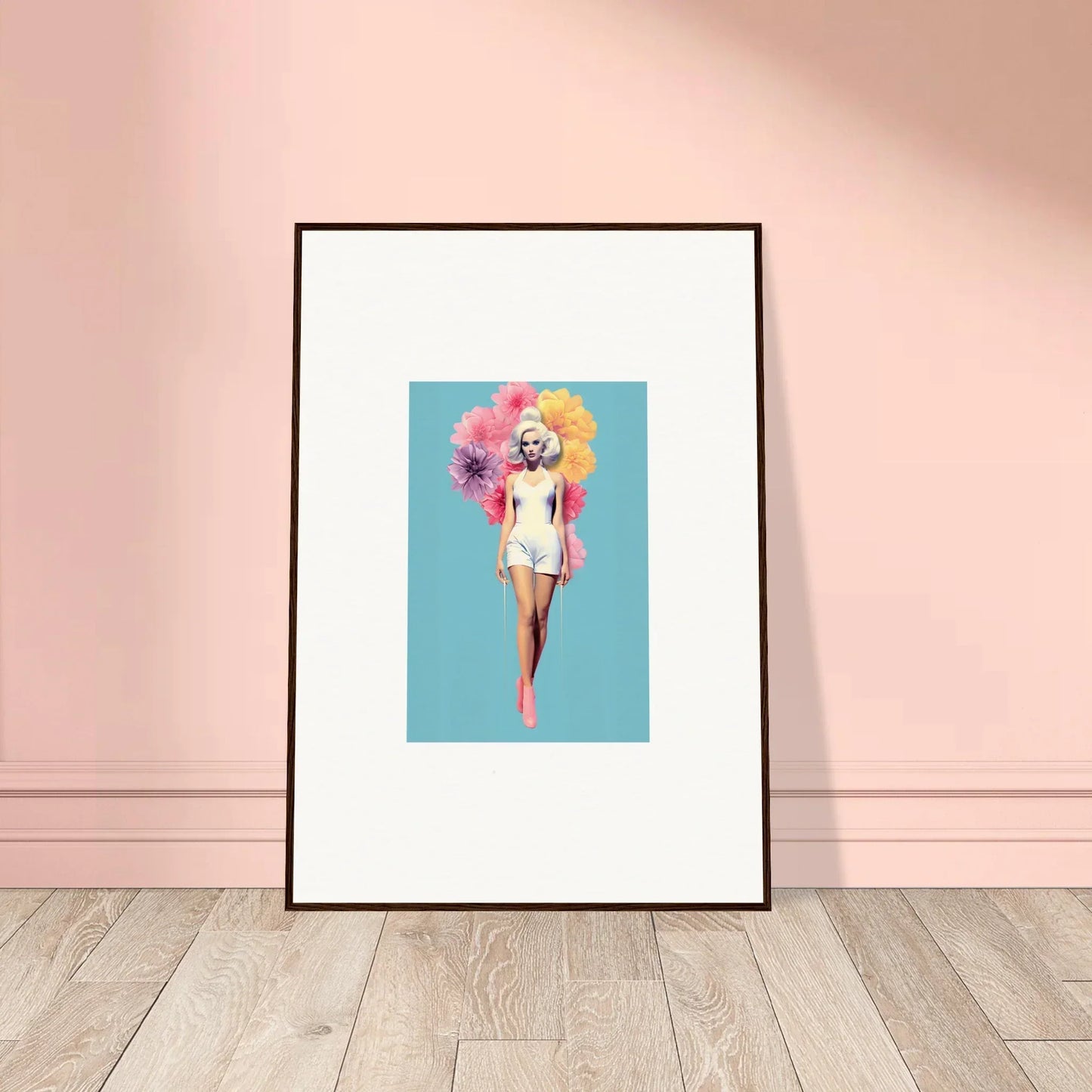 Framed wall art of Bubbling Radiant Essence with a figure in white and vibrant flowers