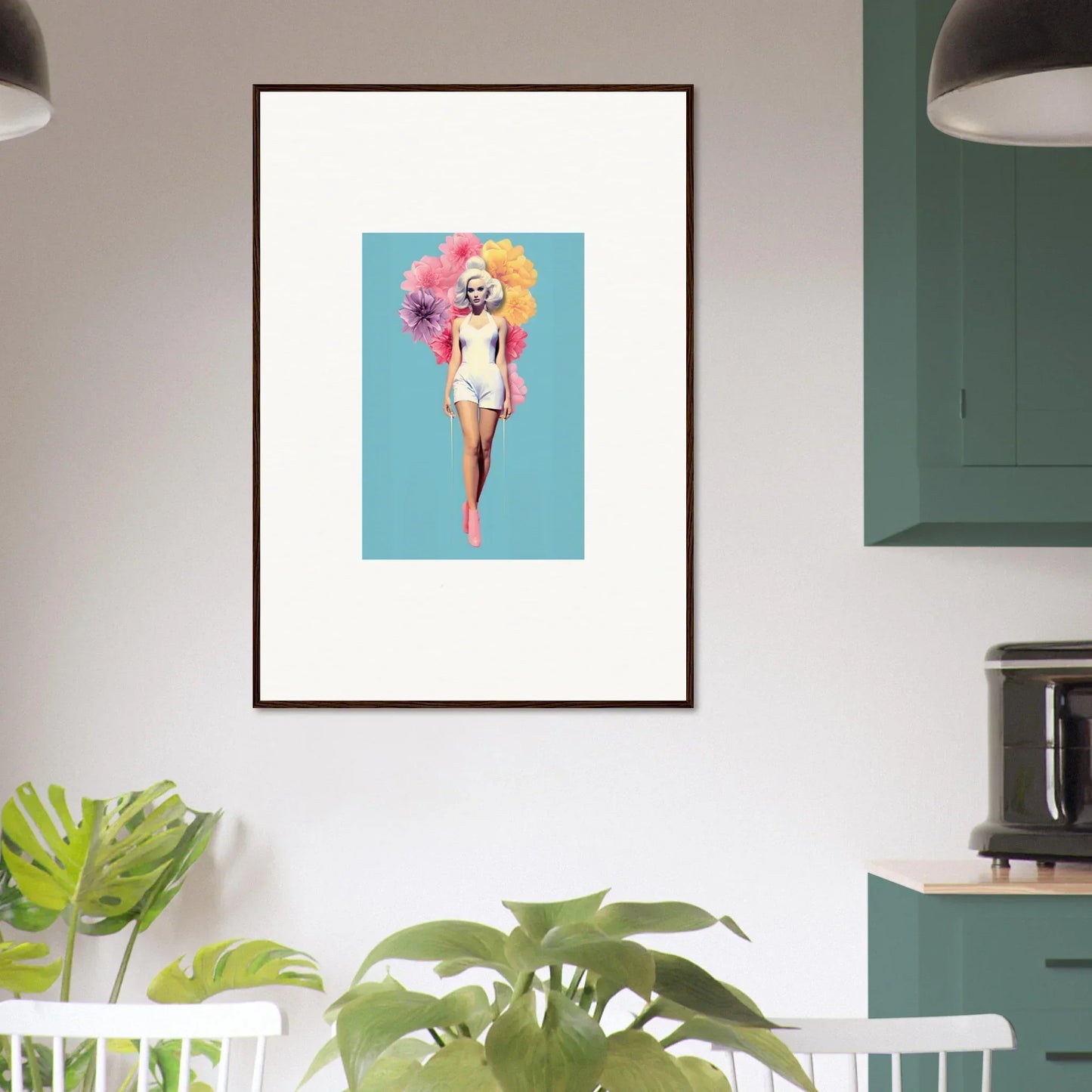 Framed wall art of Bubbling Radiant Essence with a figure in white on turquoise