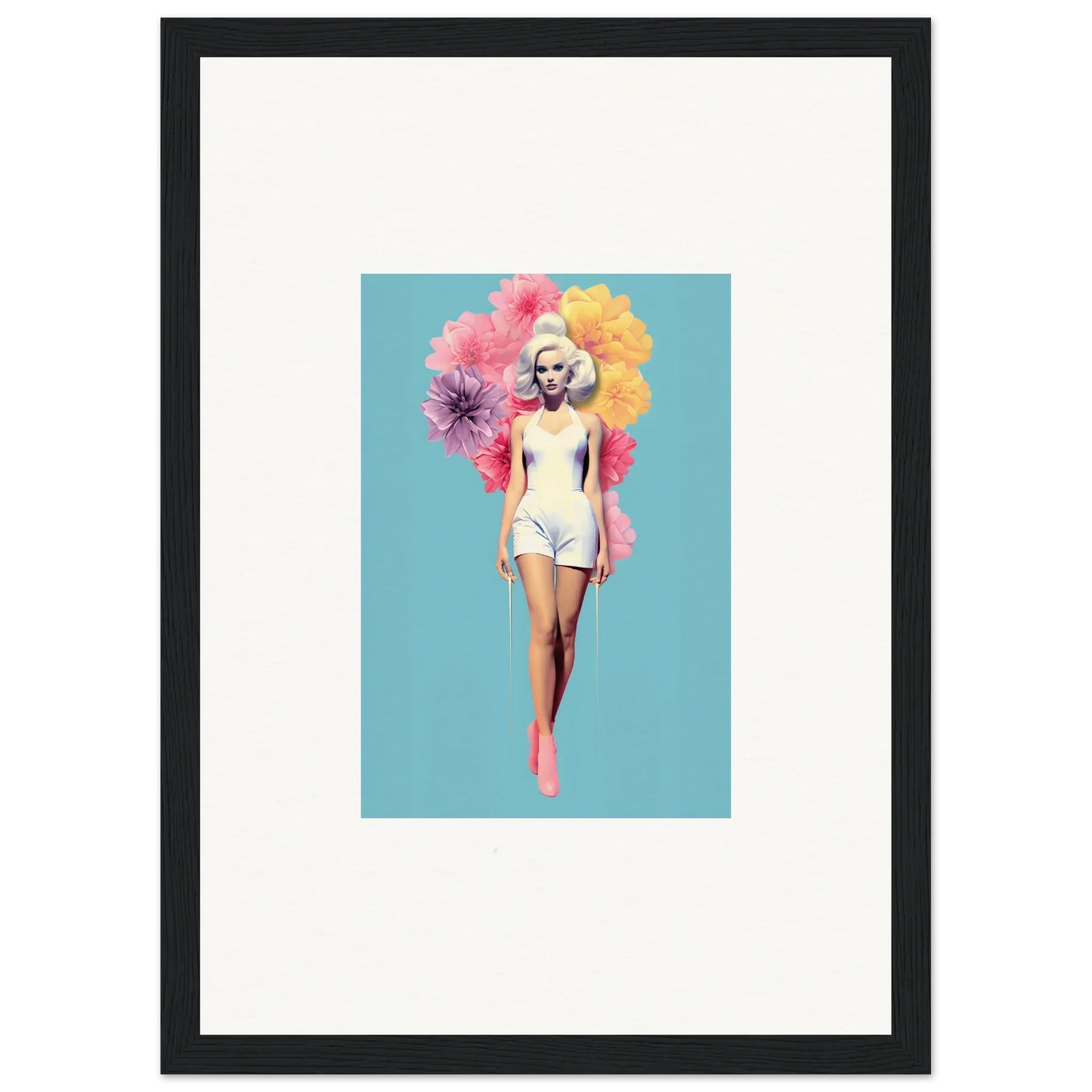 Framed wall art of figure in white swimwear with flowers, Bubbling Radiant Essence vibe