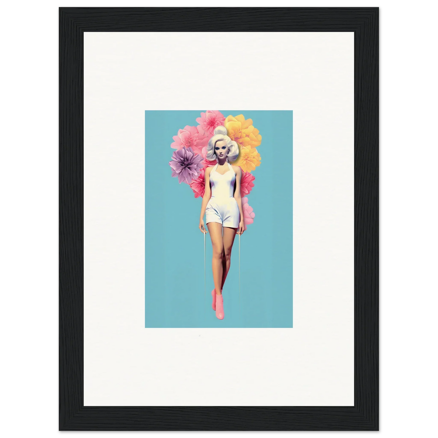Framed wall art of a figure in a white swimsuit with vibrant flowers and turquoise backdrop