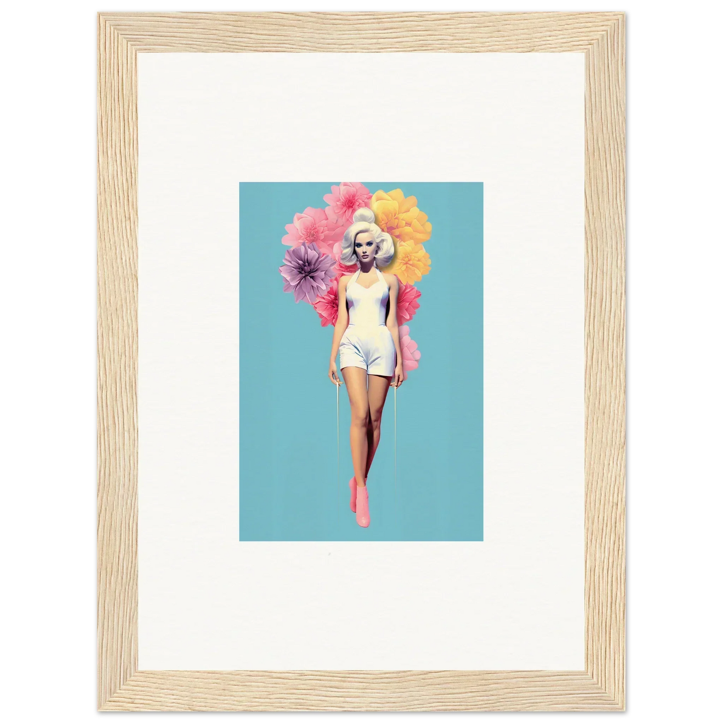 Framed wall art of a figure in white swimwear with flowers, Bubbling Radiant Essence