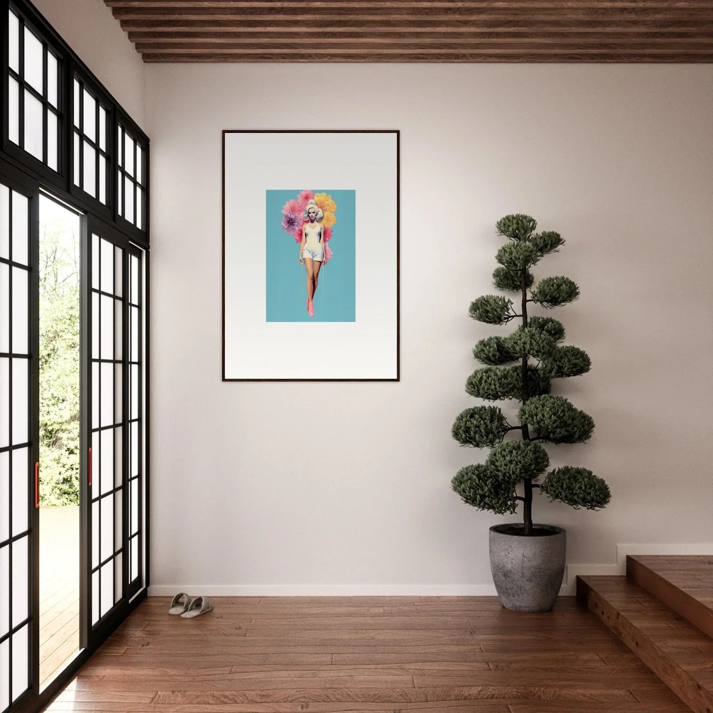 Framed wall art titled Bubbling Radiant Essence shows a pink figure on a turquoise background