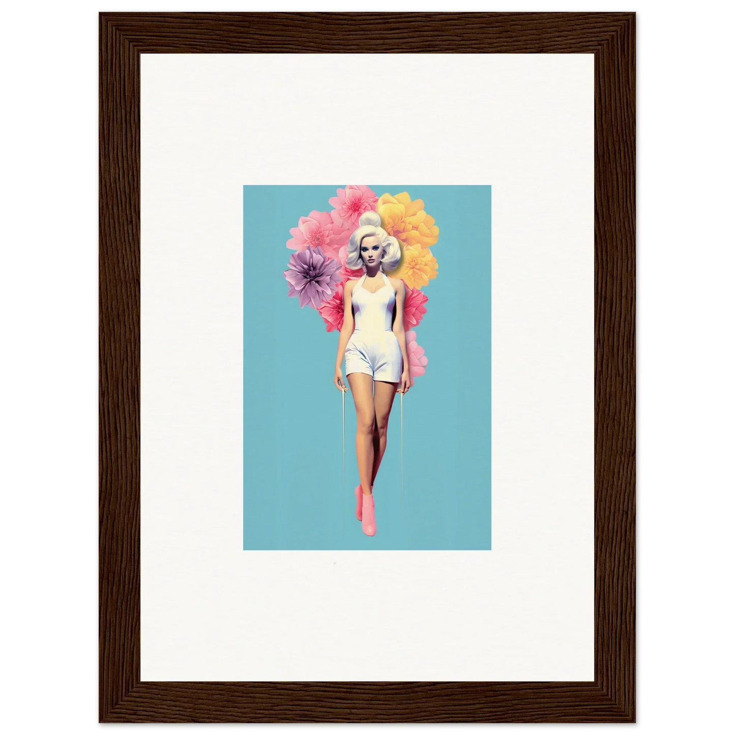 Framed wall art of a figure in white swimwear with colorful blooms, Bubbling Radiant Essence