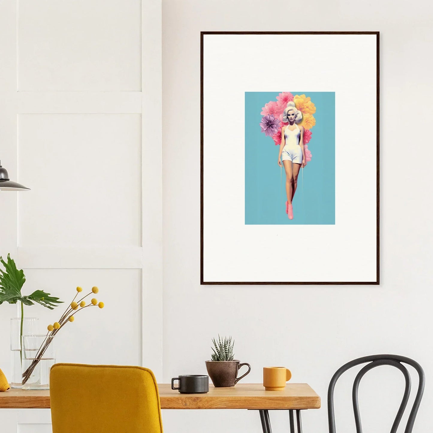 Framed wall art of a figure in a white dress with a pink and yellow cloud, Bubbling Radiant Essence