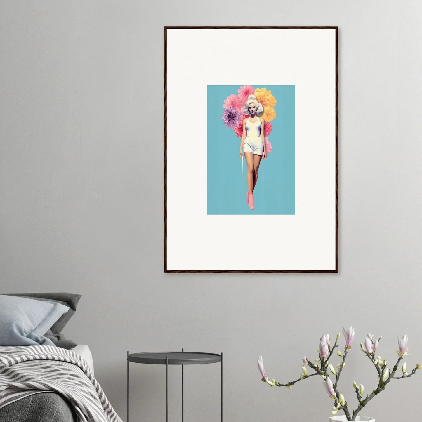 Framed wall art of a figure in a white swimsuit with Bubbling Radiant Essence vibes