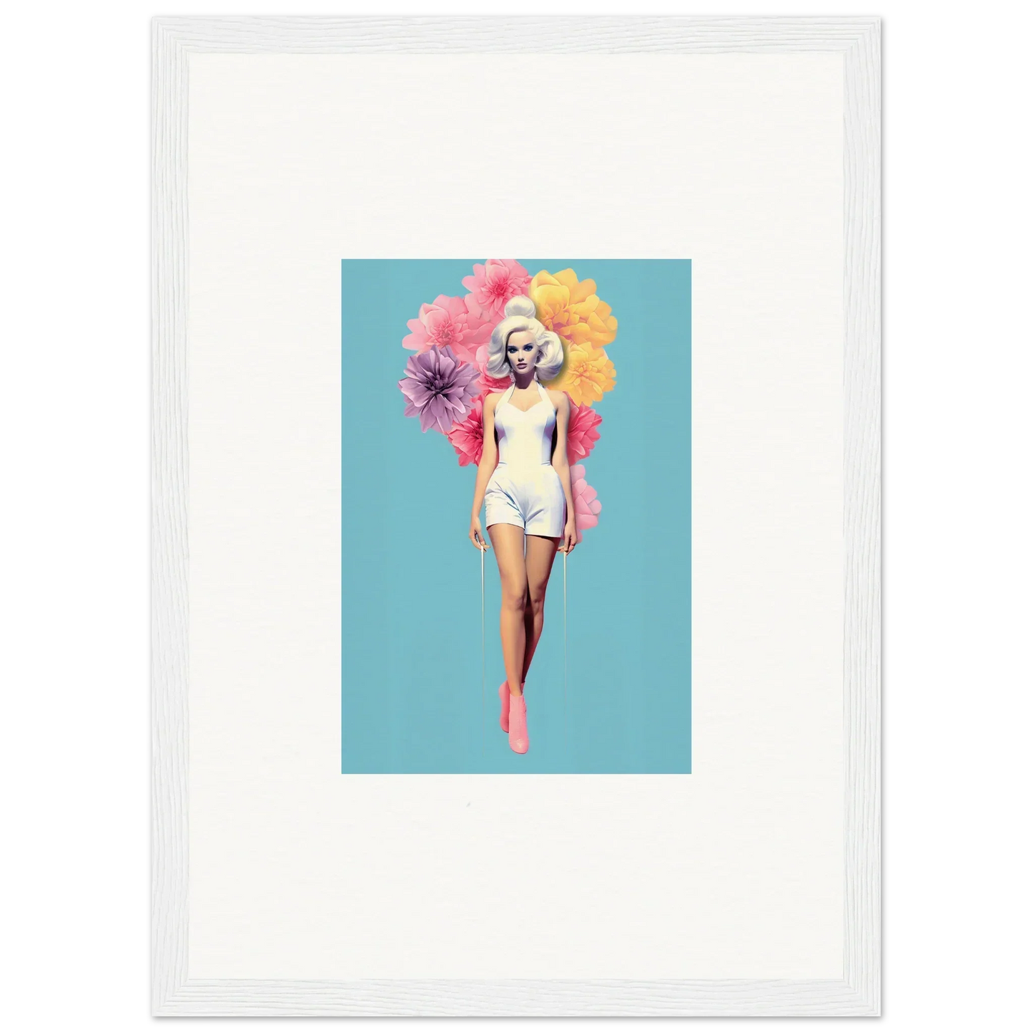 Framed wall art of a figure in white swimwear with floral elements, bubbling radiant essence