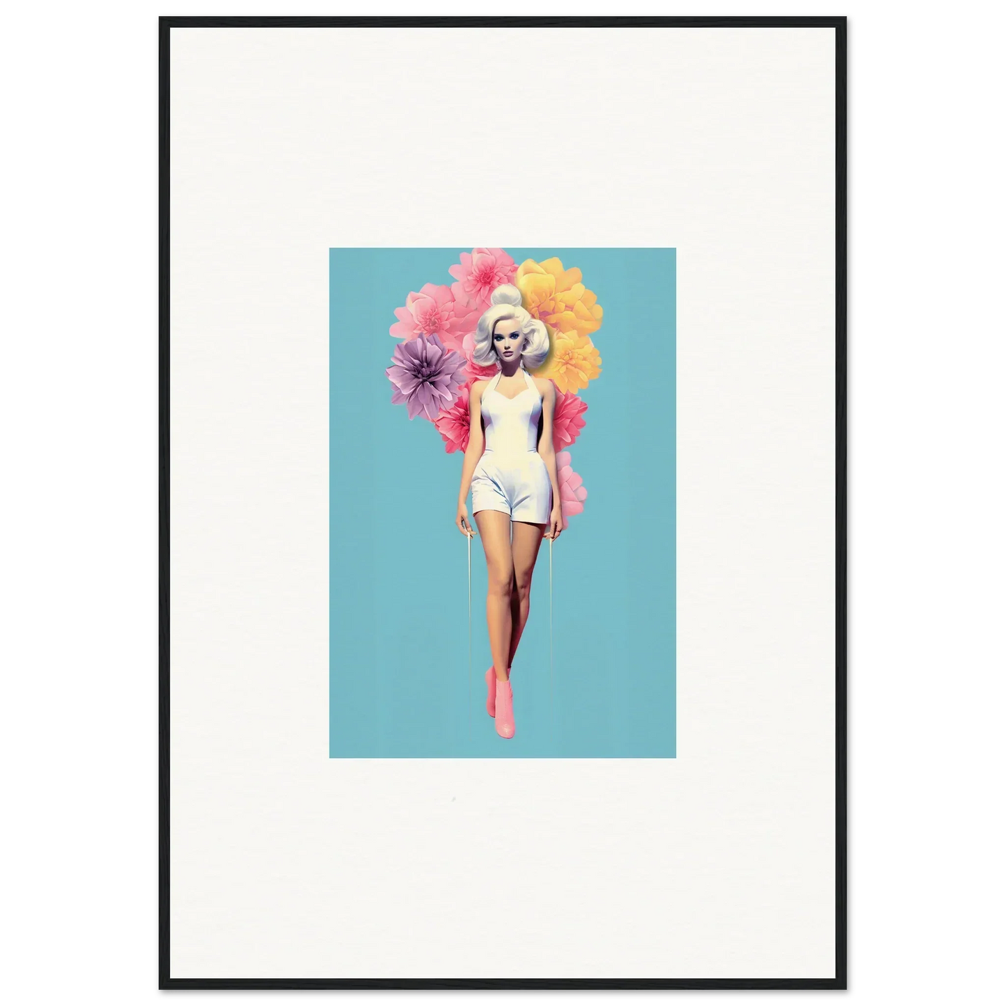 Framed wall art of a figure in white swimwear with floral blooms, Bubbling Radiant Essence