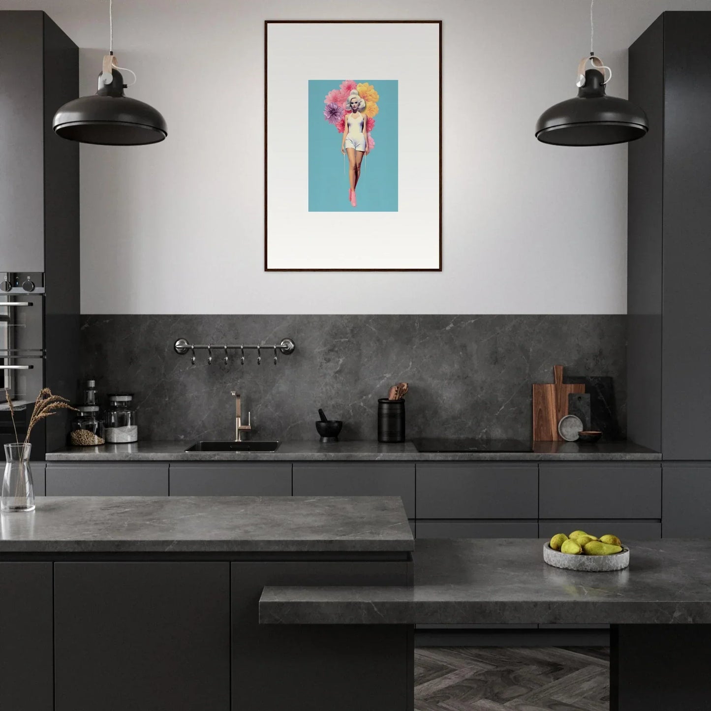 Modern dark gray kitchen featuring industrial lights and Bubbling Radiant Essence art