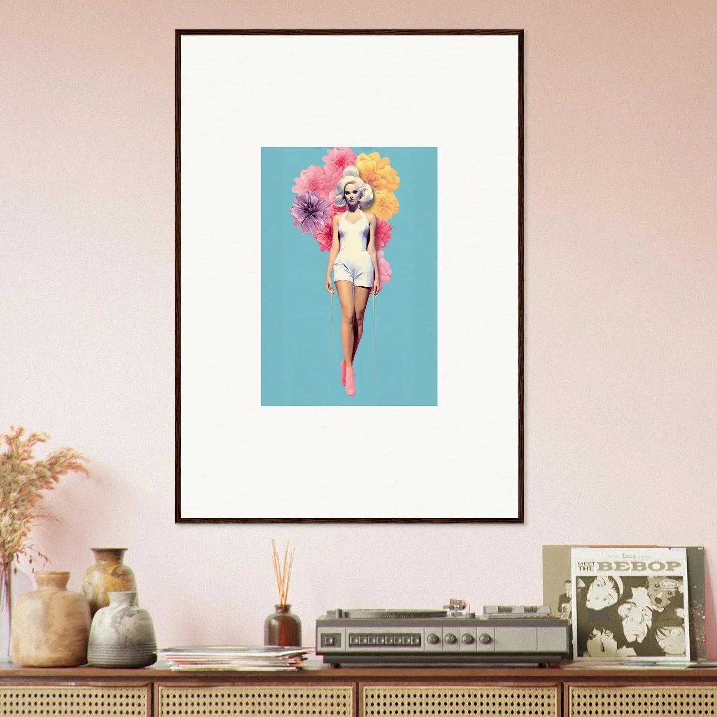 Framed wall art of Bubbling Radiant Essence with colorful floral design on turquoise