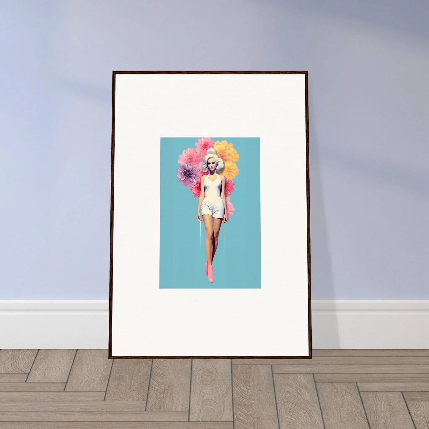 Framed wall art of a figure in white swimwear, Bubbling Radiant Essence design