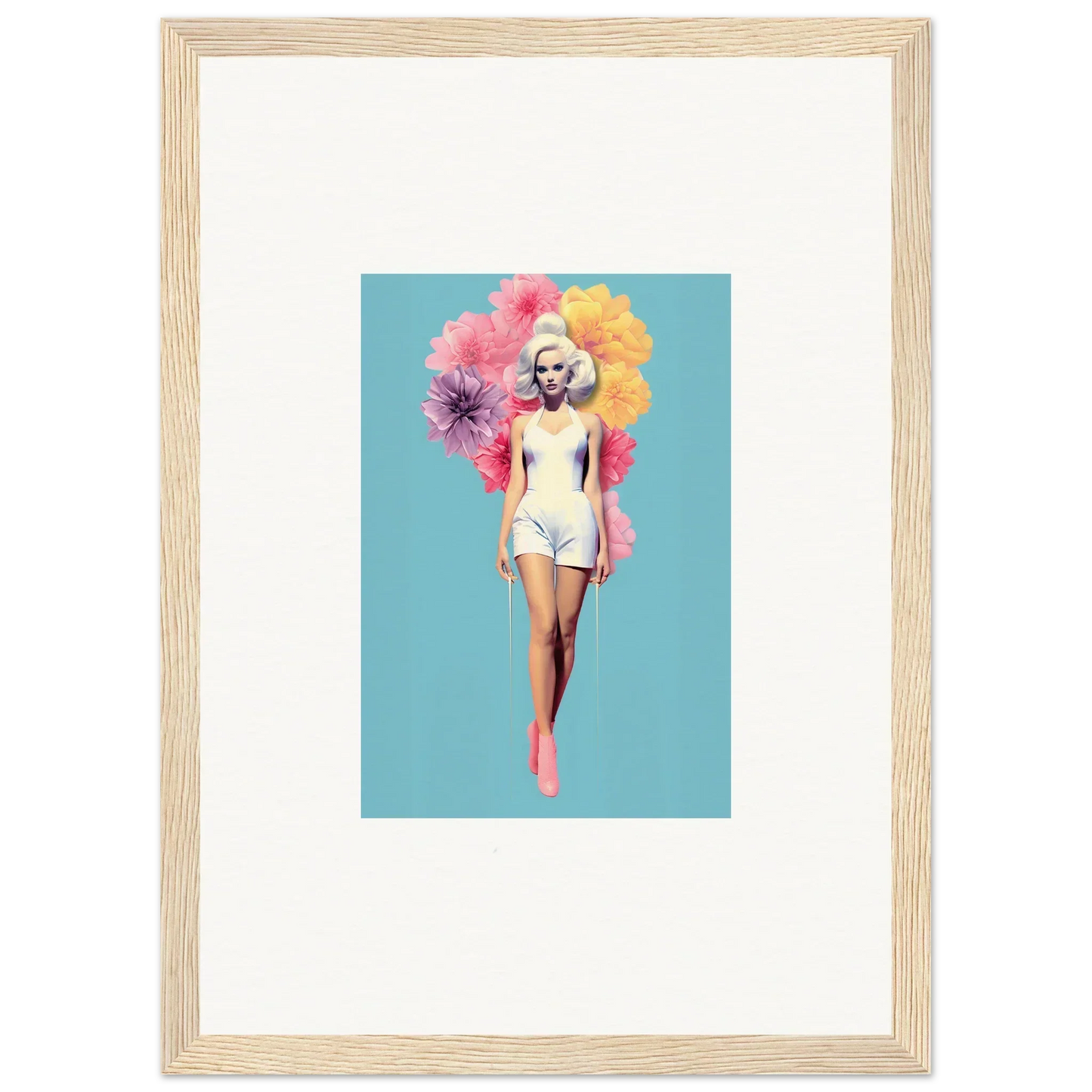 Framed wall art of a figure in white swimwear with colorful flowers, Bubbling Radiant Essence