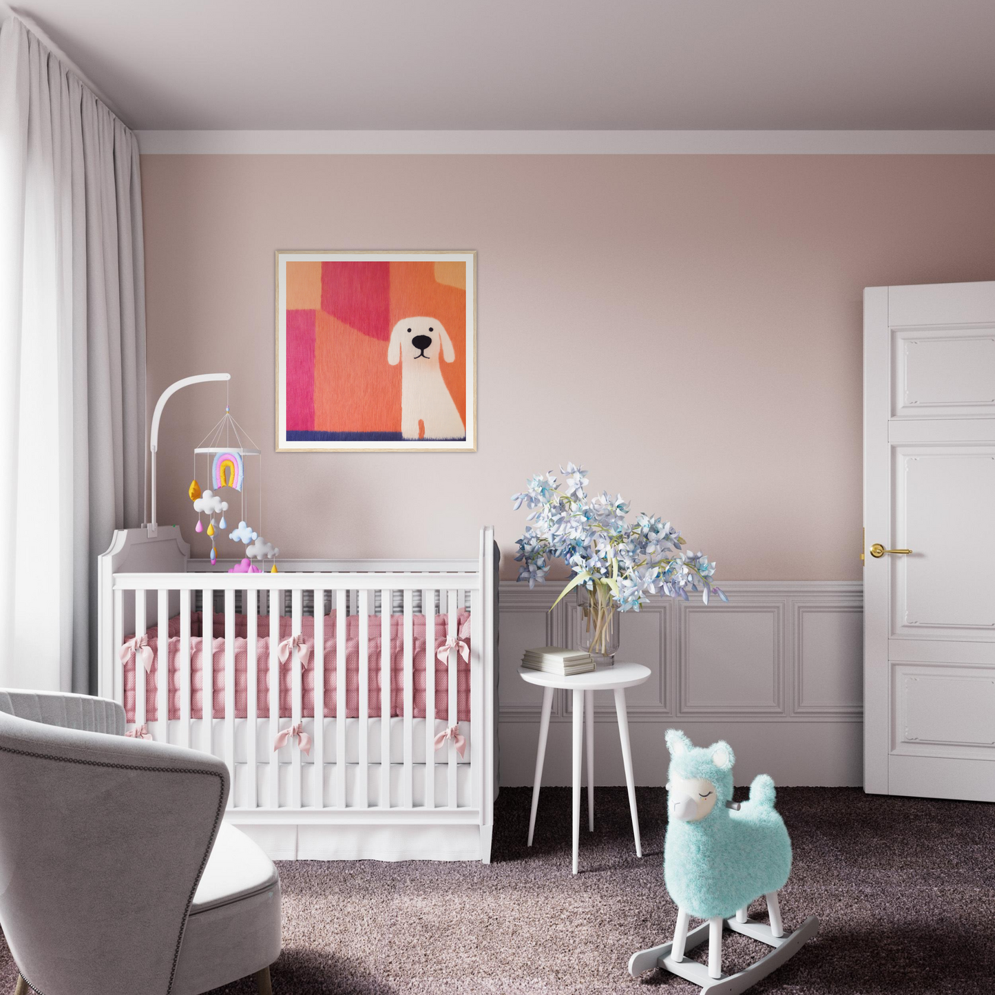 White wooden crib with pink bedding from the Canine Chromatic Yoga collection
