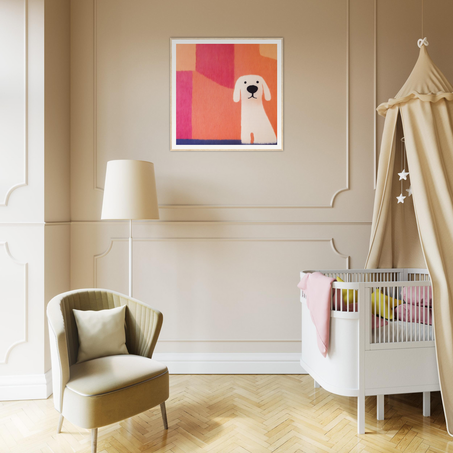 Modern nursery featuring a white crib and colorful dog artwork from Canine Chromatic Yoga