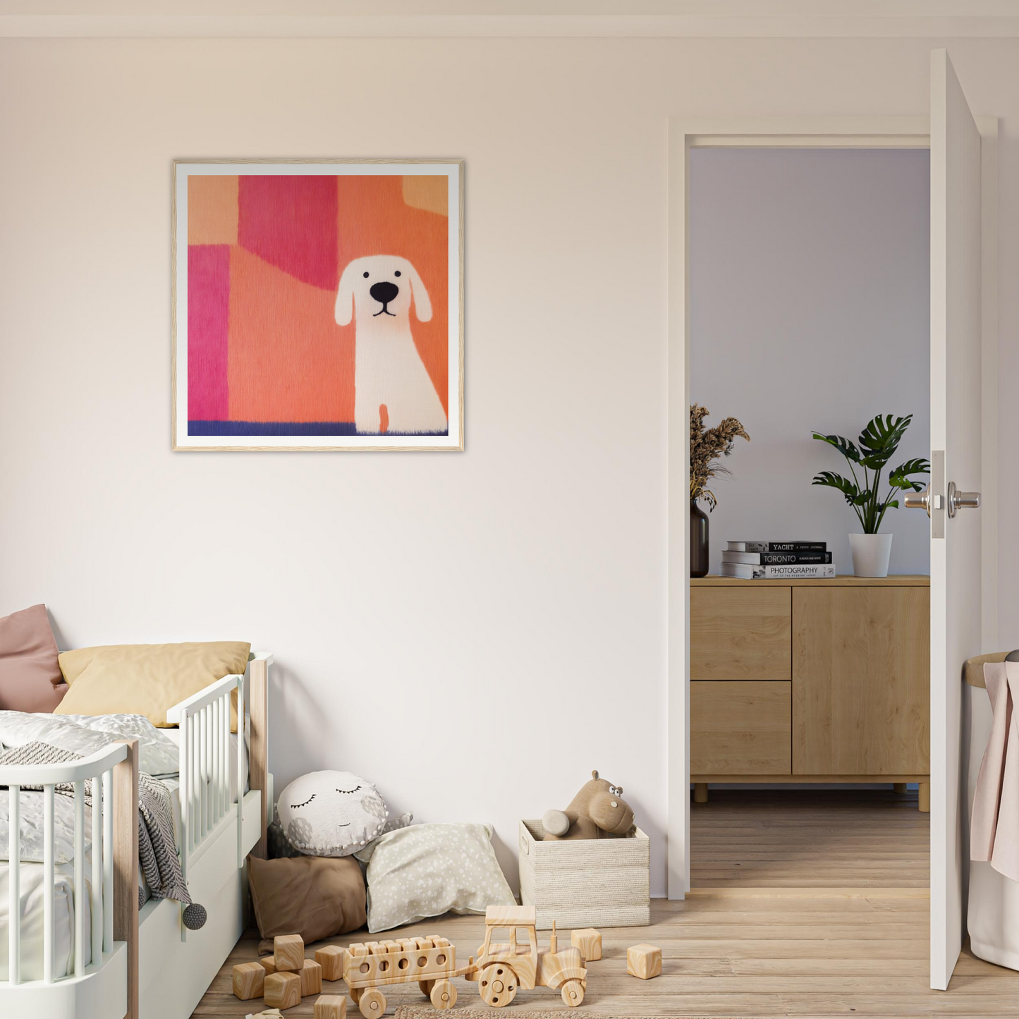 Framed cartoon illustration of a white dog in Canine Chromatic Yoga art style
