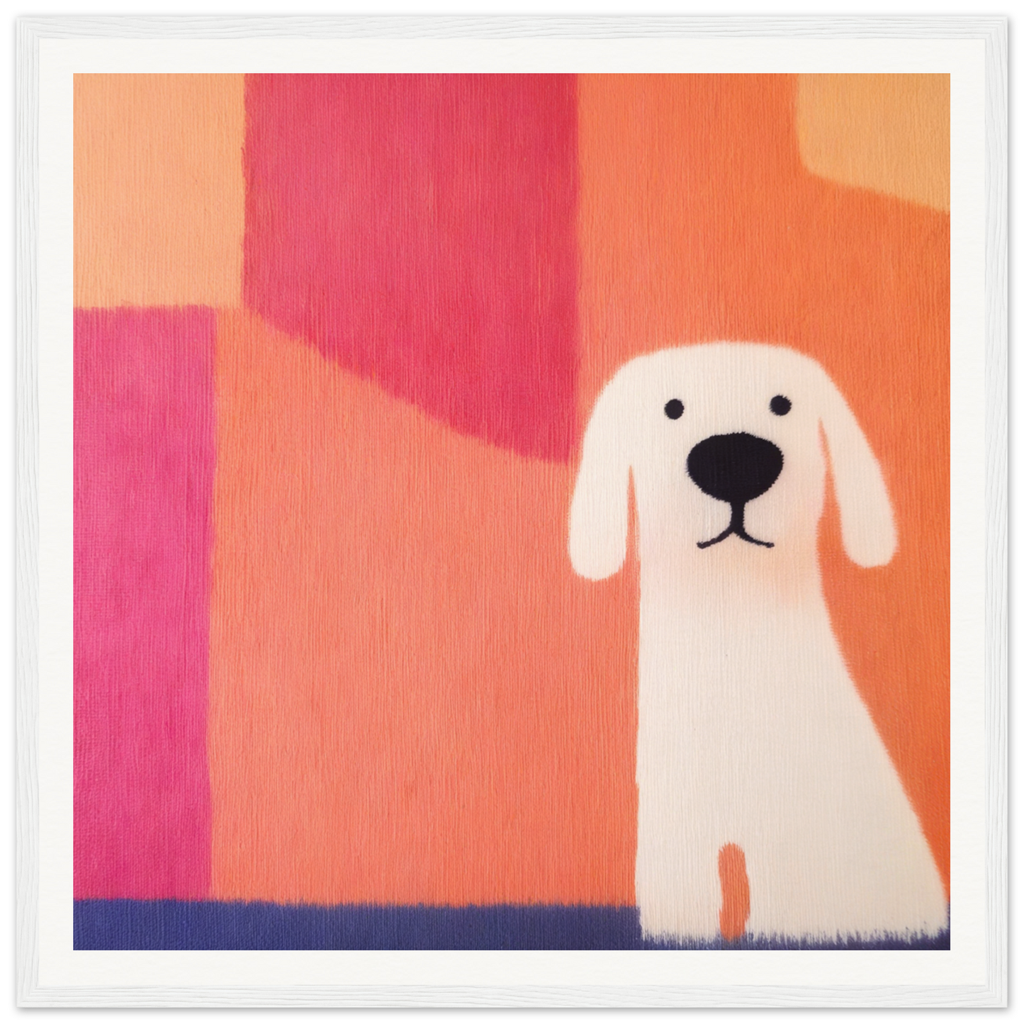 Simple white cartoon dog with floppy ears and black nose for Canine Chromatic Yoga
