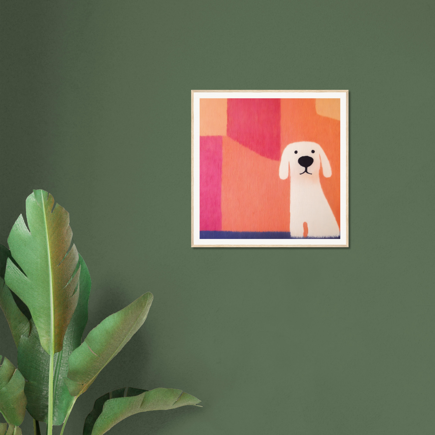 Framed artwork of a minimalist white dog in colorful geometric shapes for Canine Chromatic Yoga