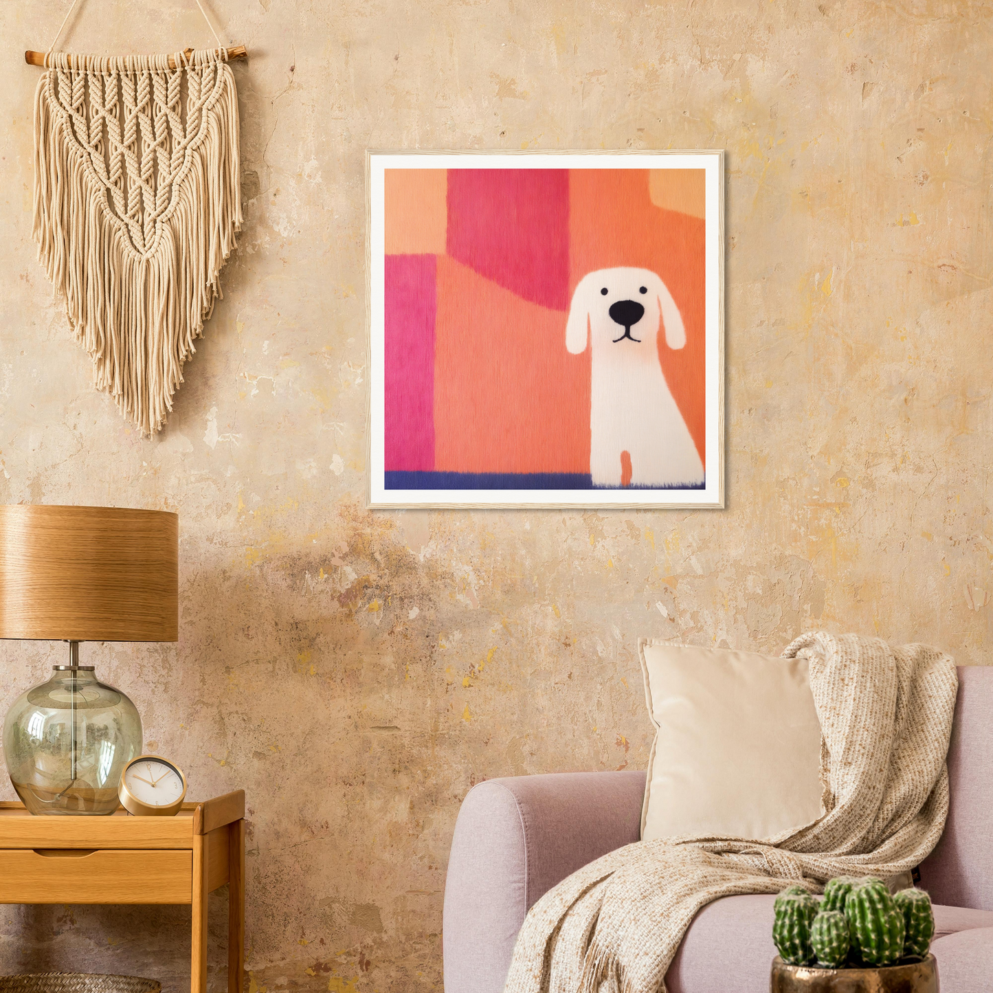 Framed art print of a white cartoon dog in Canine Chromatic Yoga design