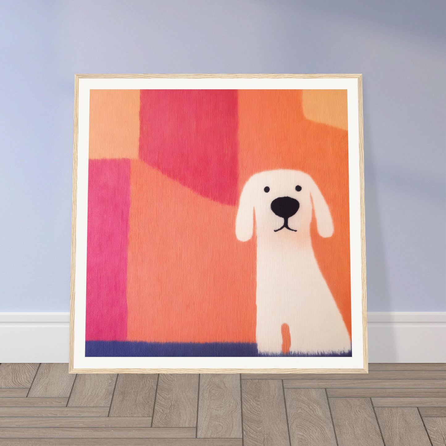 Framed artwork of a minimalist white dog in colorful geometric shapes for Canine Chromatic Yoga