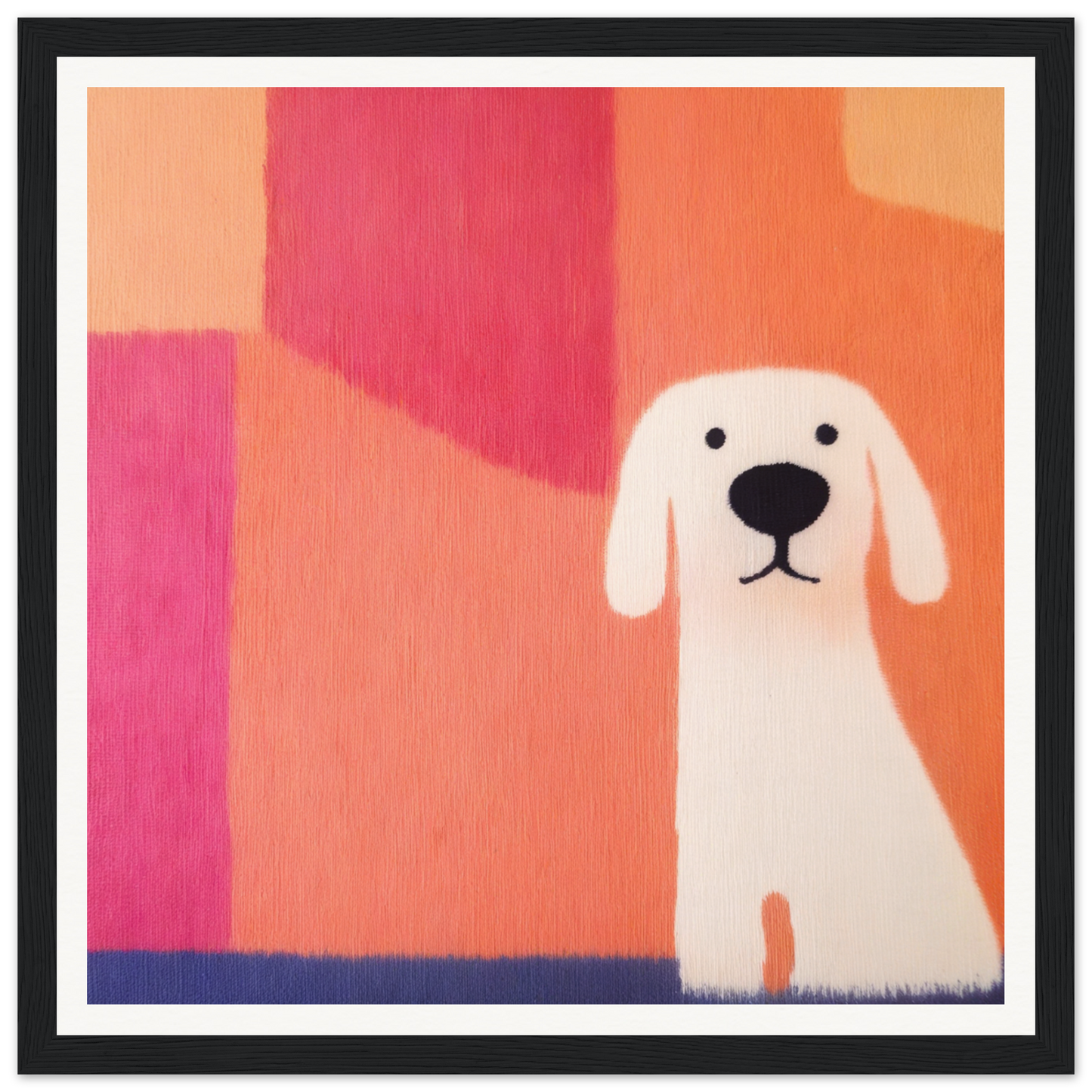 Simple white dog with floppy ears and black nose featured in Canine Chromatic Yoga
