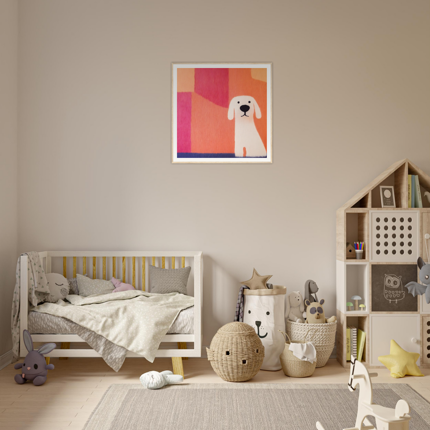 Cozy nursery with white crib, woven baskets, and playful canine chromatic yoga wall art