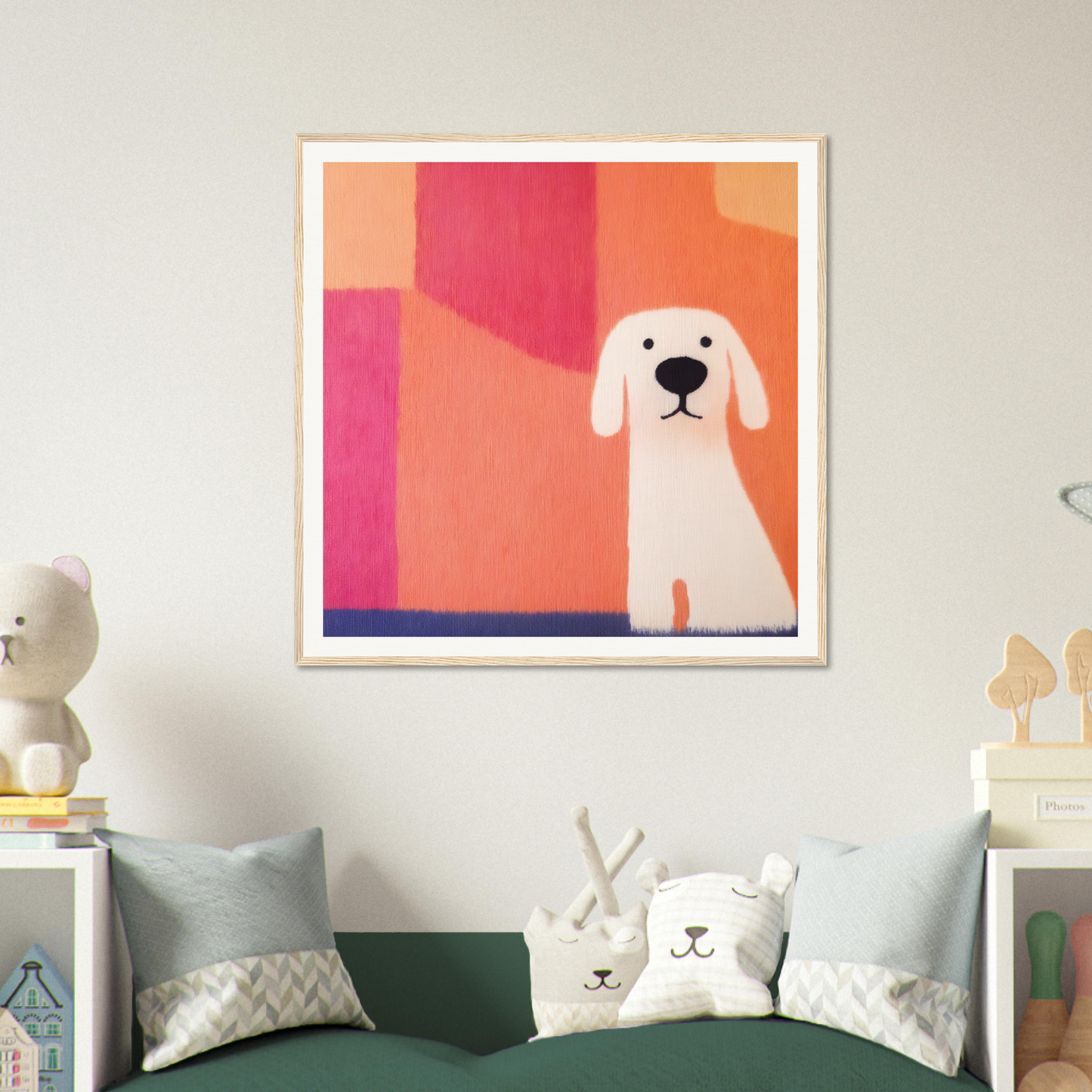 Framed art print of a minimalist white dog in pink and orange for Canine Chromatic Yoga