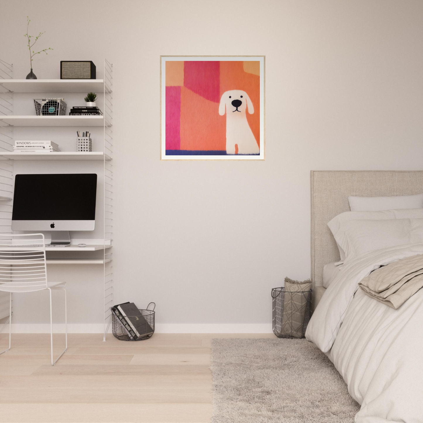 Minimalist bedroom featuring floating shelves, iMac workstation, and Canine Chromatic Yoga art