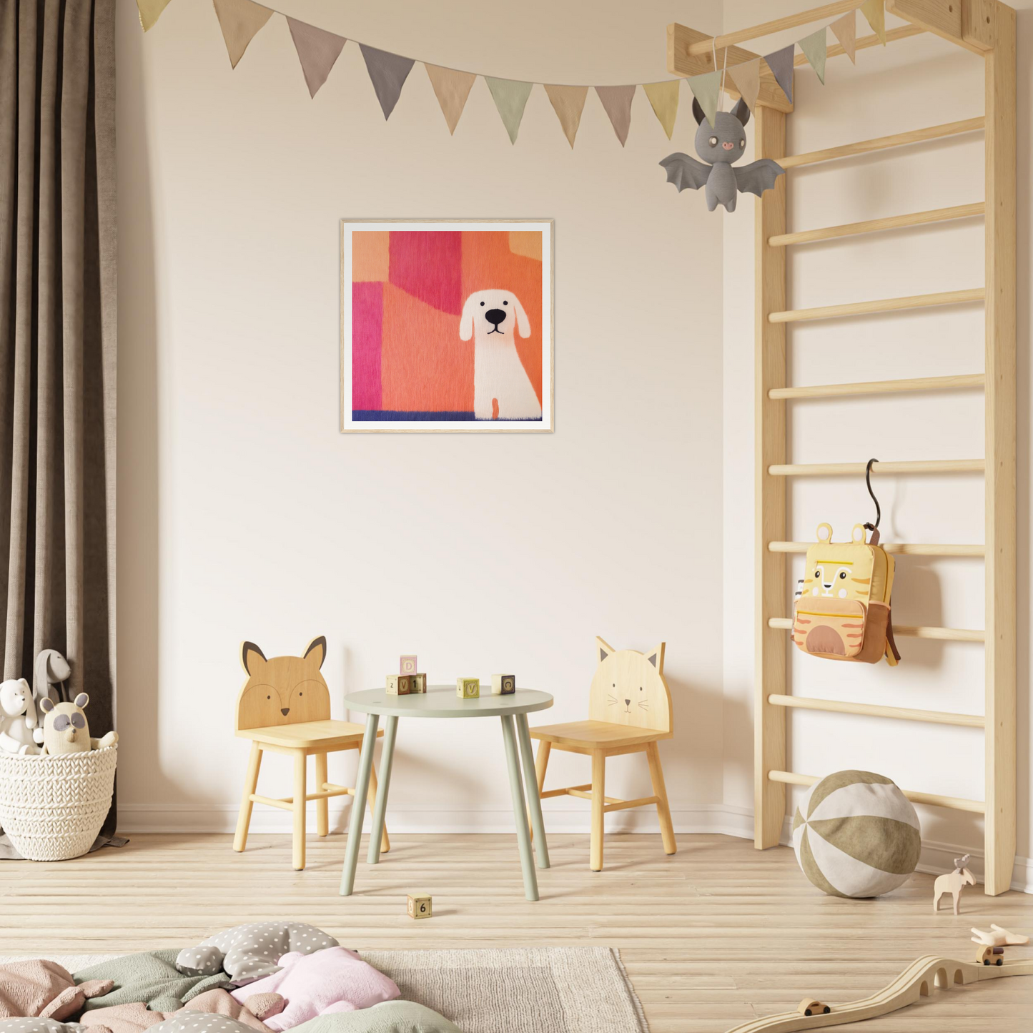 Children’s play area featuring animal-themed furniture for Canine Chromatic Yoga