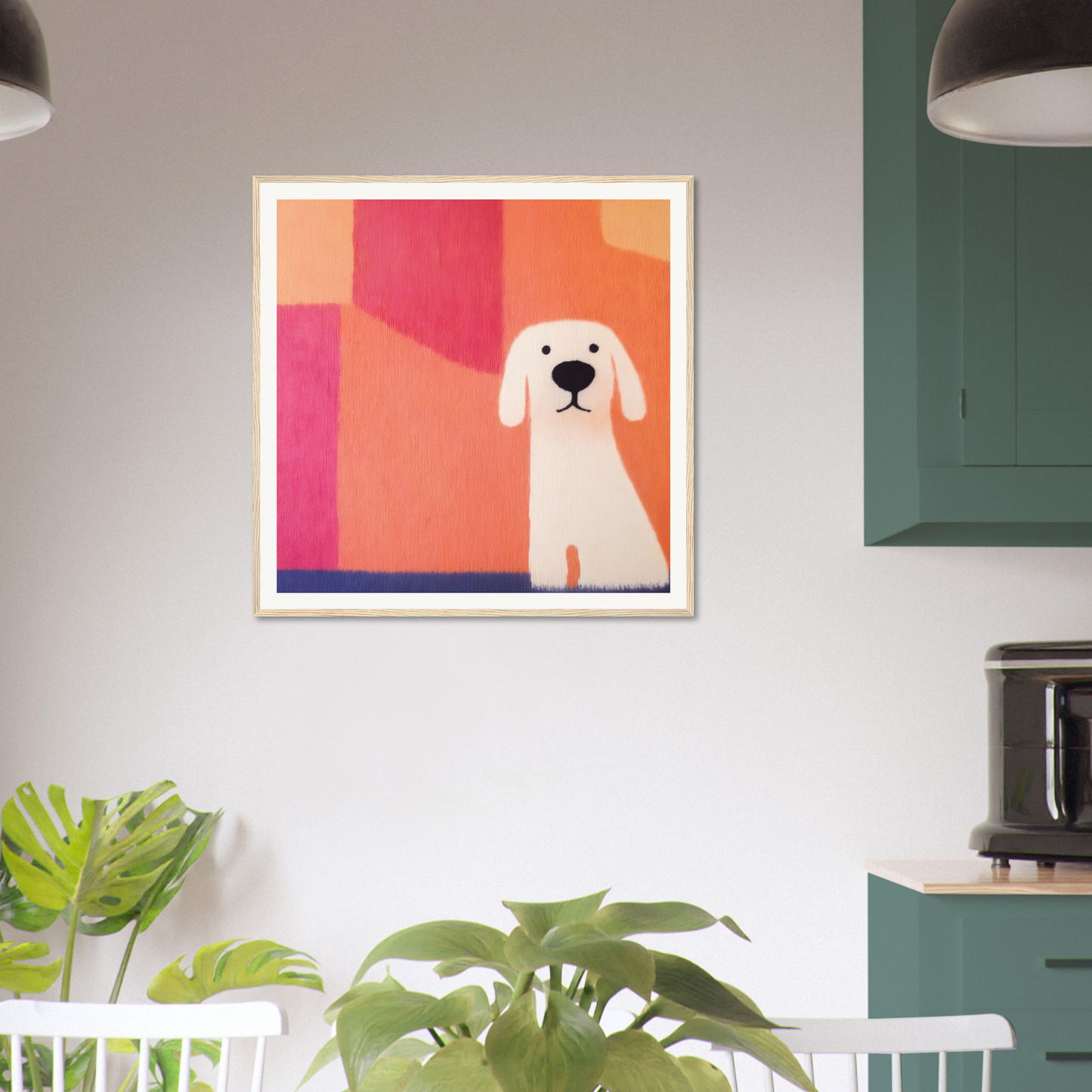 Framed artwork of a white dog in Canine Chromatic Yoga with vibrant geometric shapes