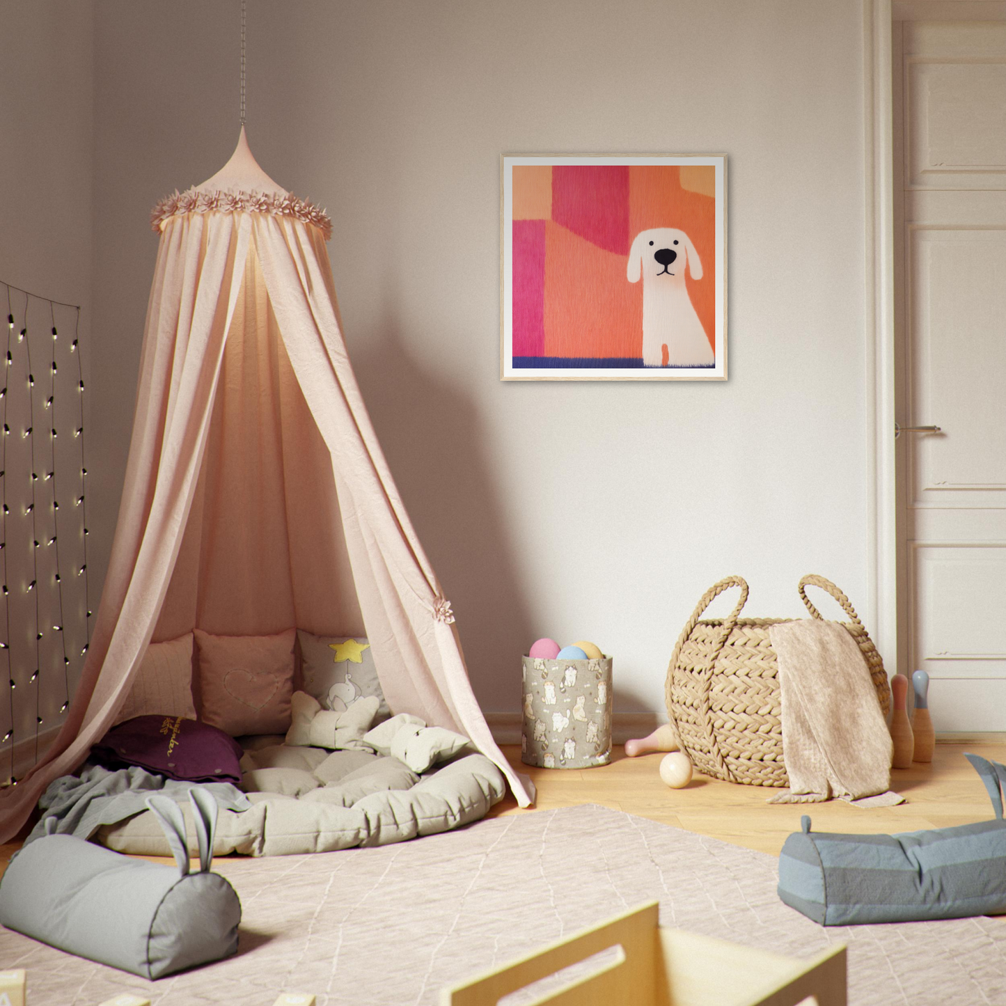 Peach-colored canopy tent over a cushioned play area for Canine Chromatic Yoga
