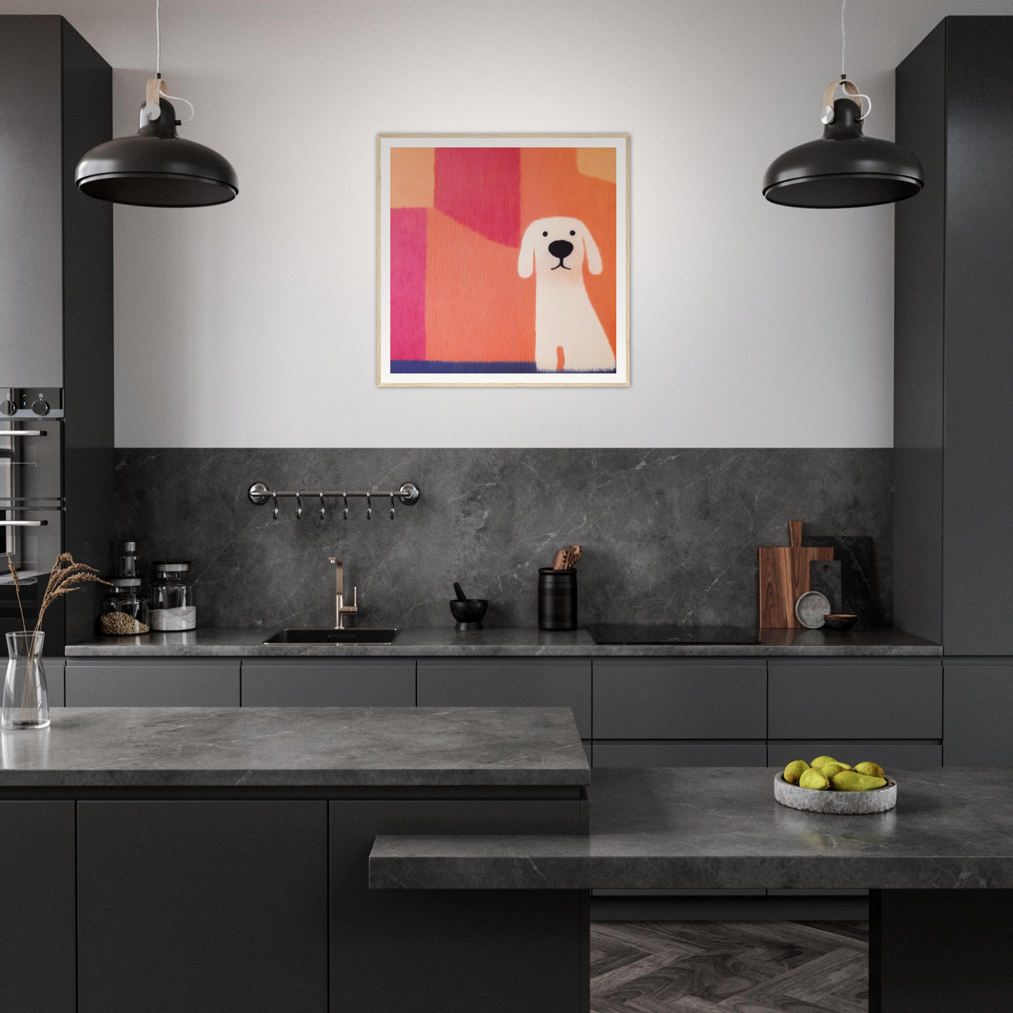 Modern dark gray kitchen featuring black pendant lights and Canine Chromatic Yoga artwork