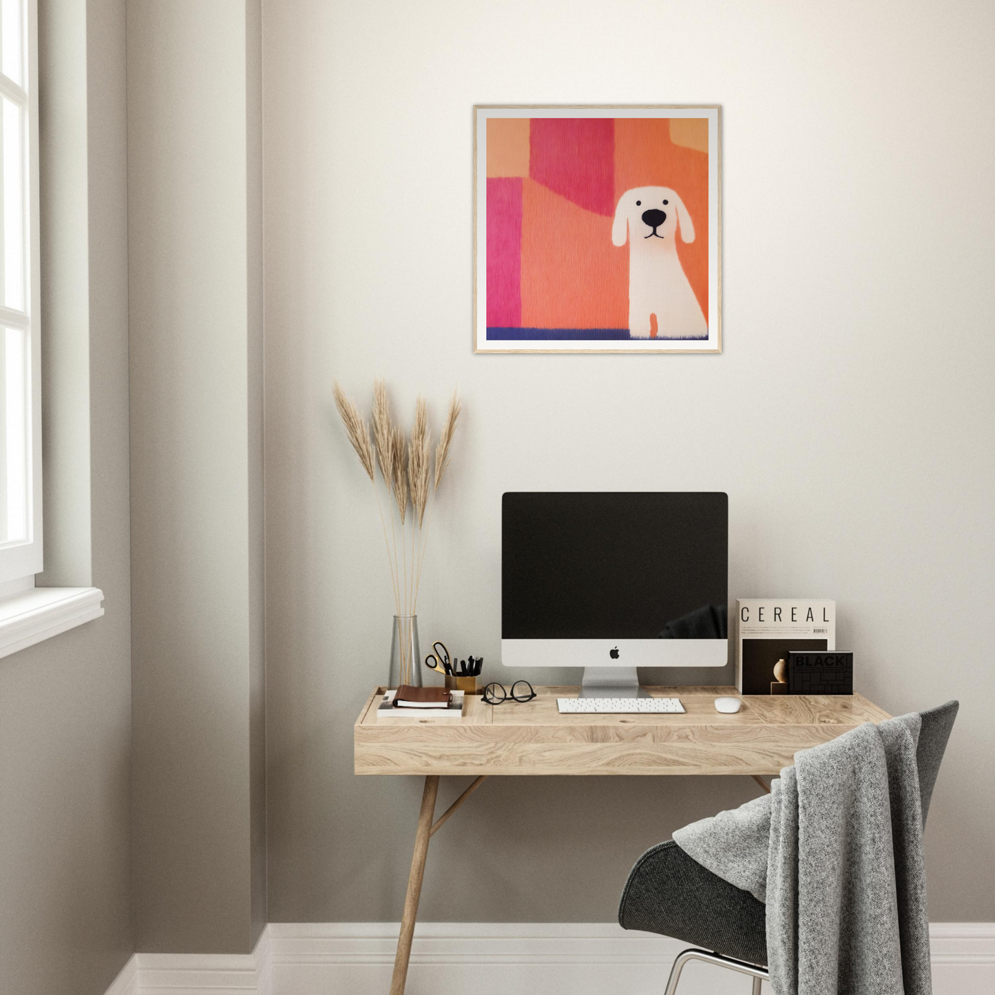 Simple wooden desk with iMac display in Canine Chromatic Yoga setting