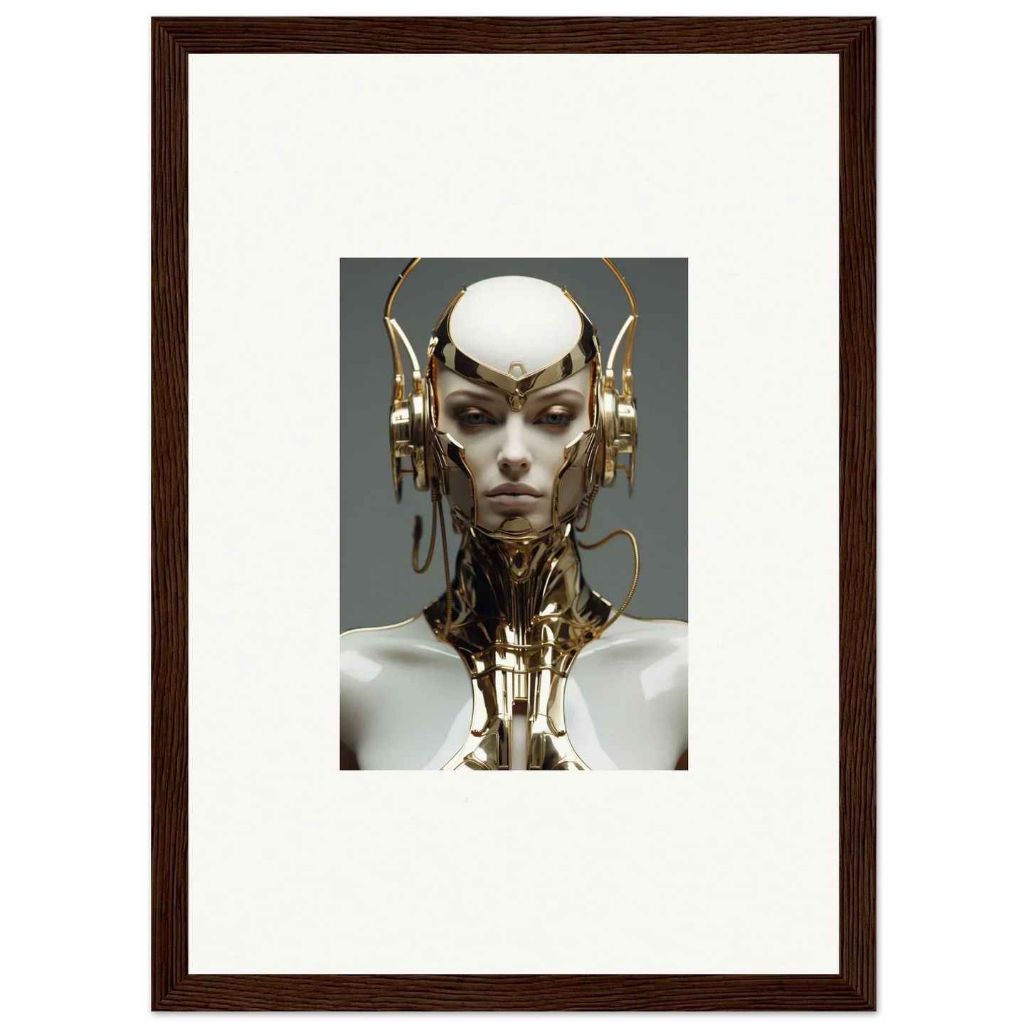 Futuristic humanoid robot with gold elements, perfect for a Celestial Cog Machine canvas print