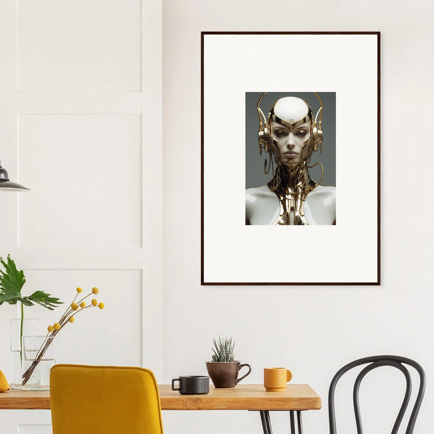 Futuristic canvas print of a metallic humanoid for cool room decoration with cog machine vibes