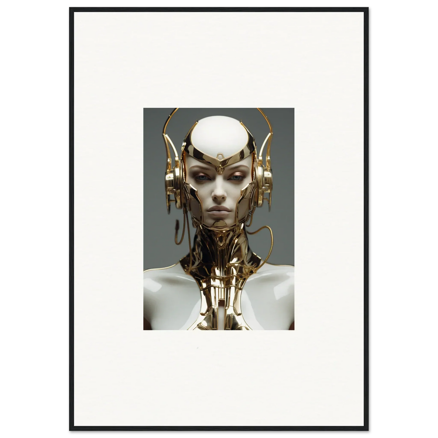 Futuristic humanoid robot head with gold accents for cool room decoration canvas print