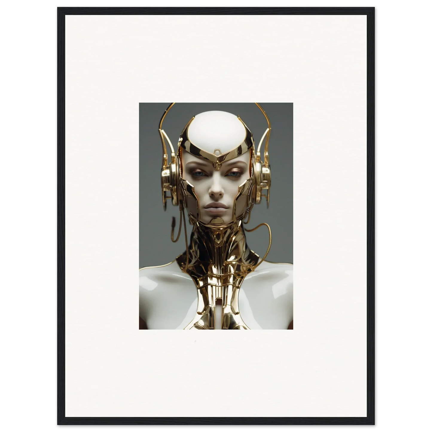 Futuristic humanoid bust with gold and cybernetic features, cool cog machine canvas print
