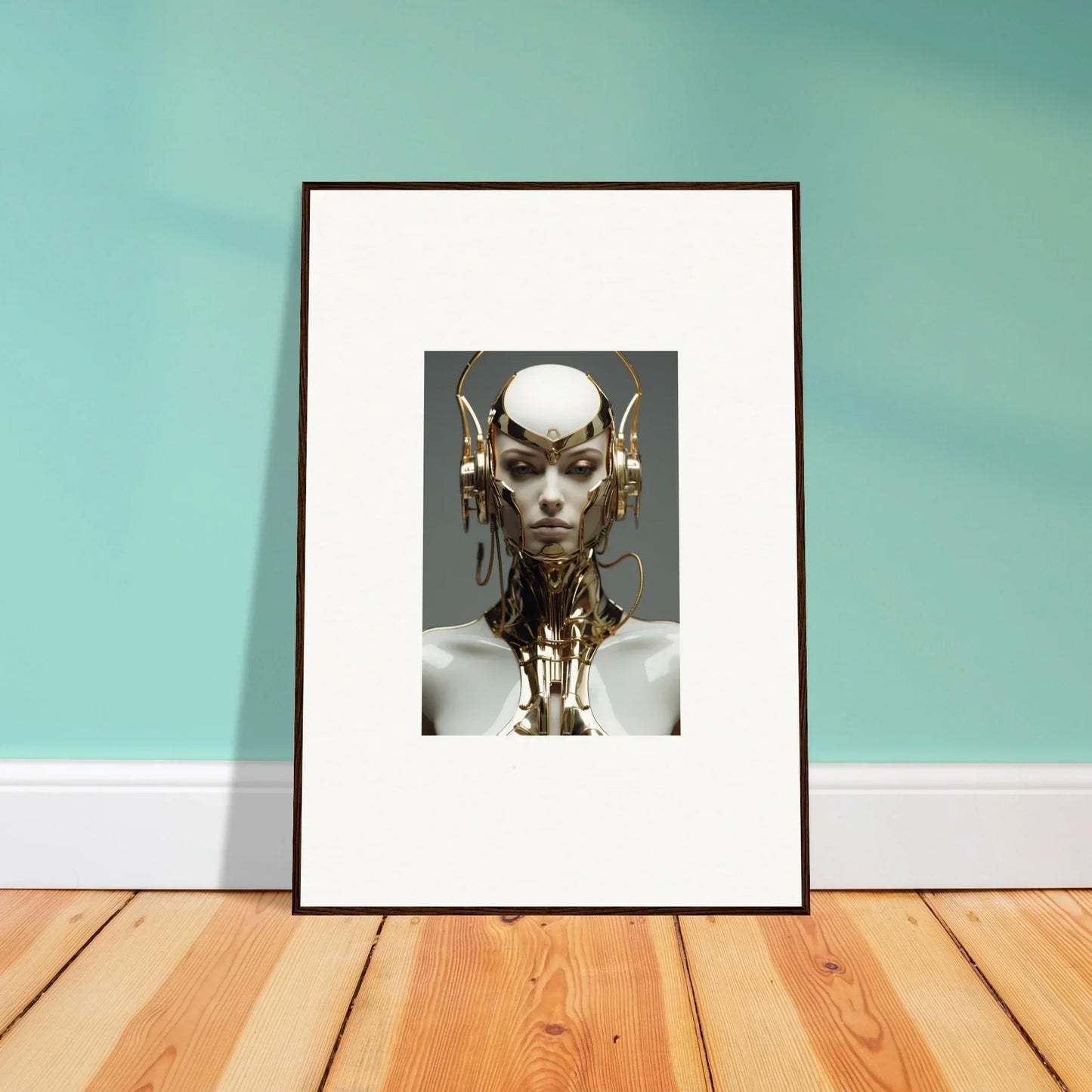 Framed canvas print of a futuristic humanoid cog machine for stylish room decoration