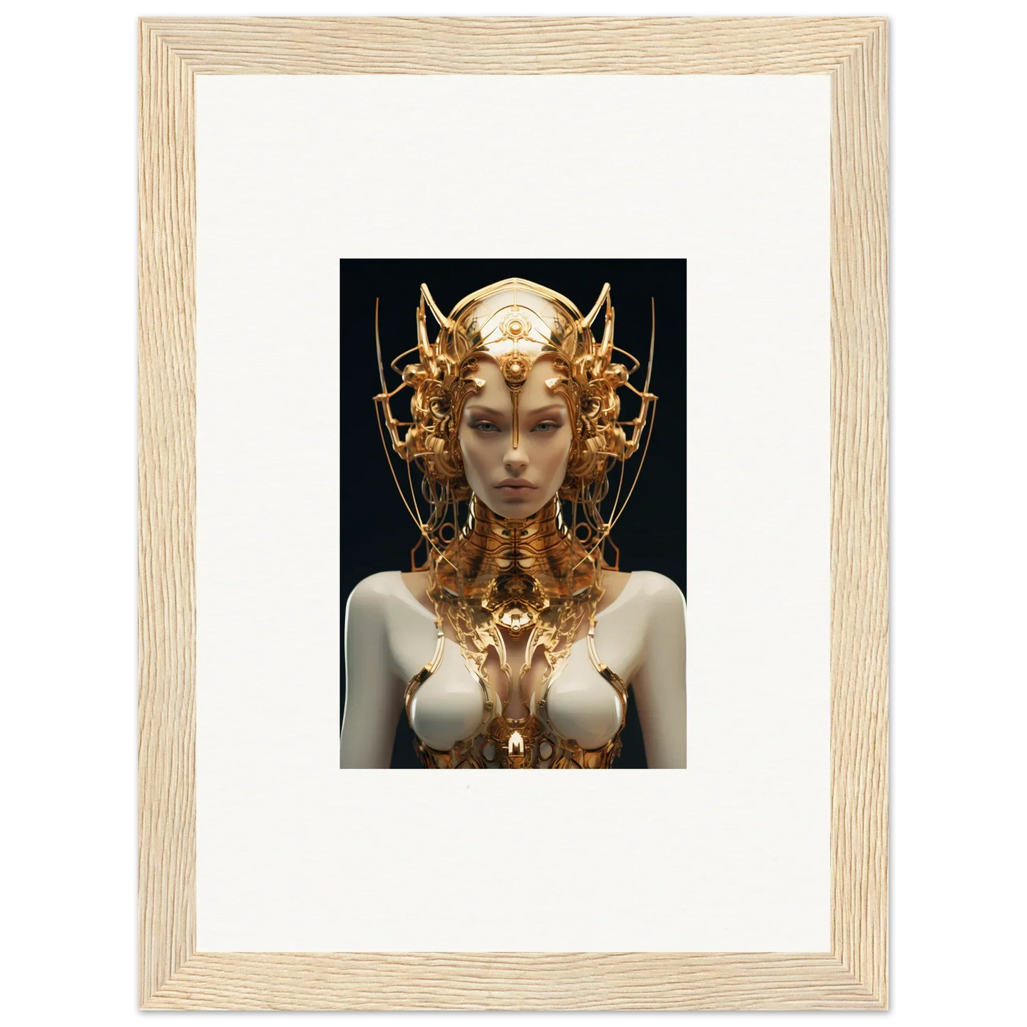 Ornate golden headdress on a pale-skinned figure, perfect for your Mechanical Goddess canvas print