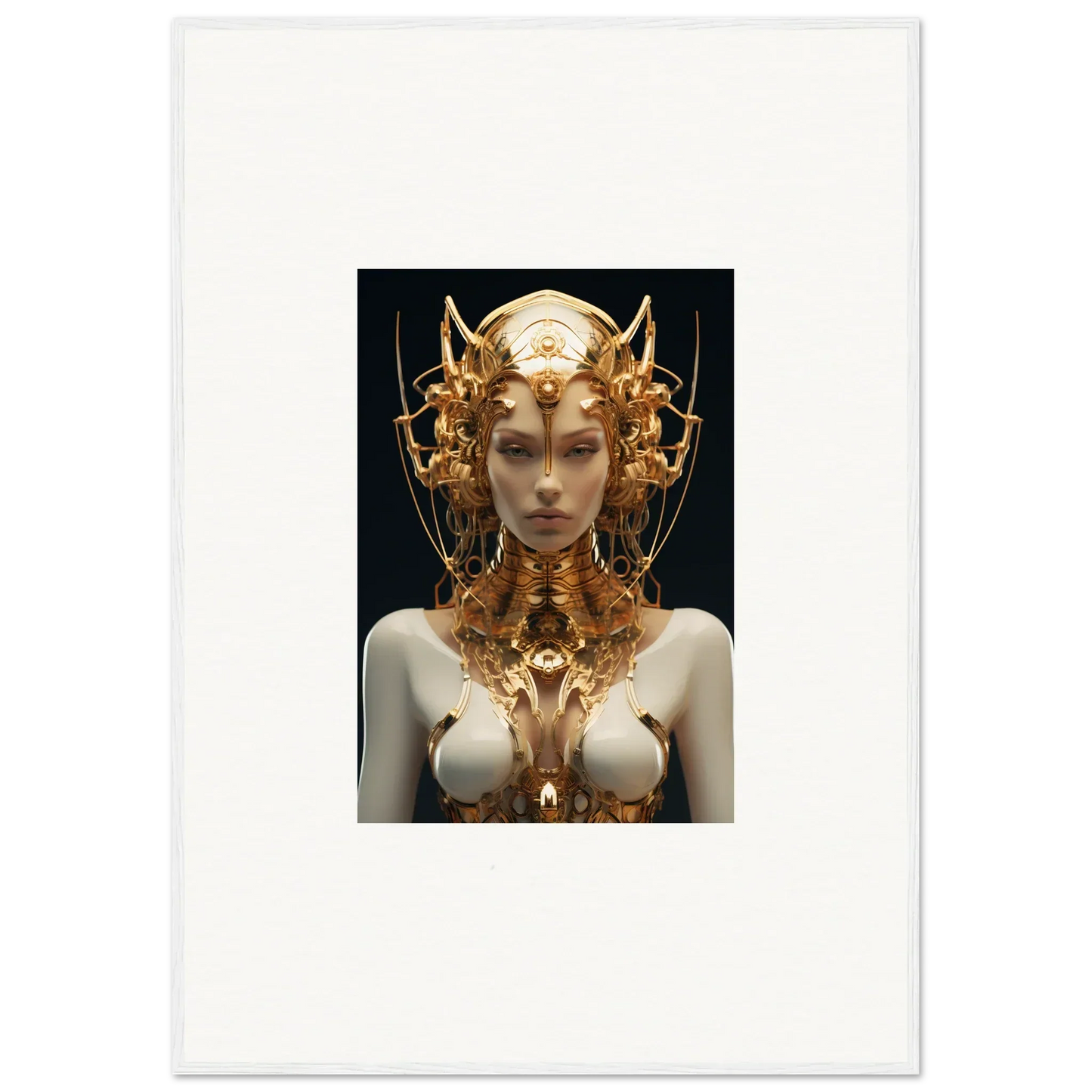 Ornate golden headdress and armor on a pale figure from the Mechanical Goddess canvas print