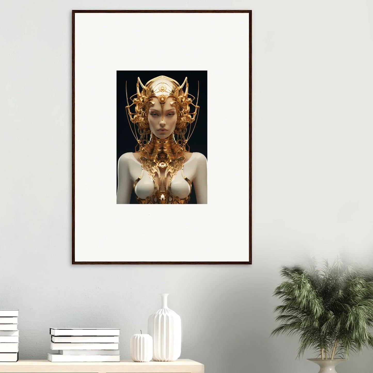 Canvas print of a Mechanical Goddess with a golden headdress for stylish room decoration