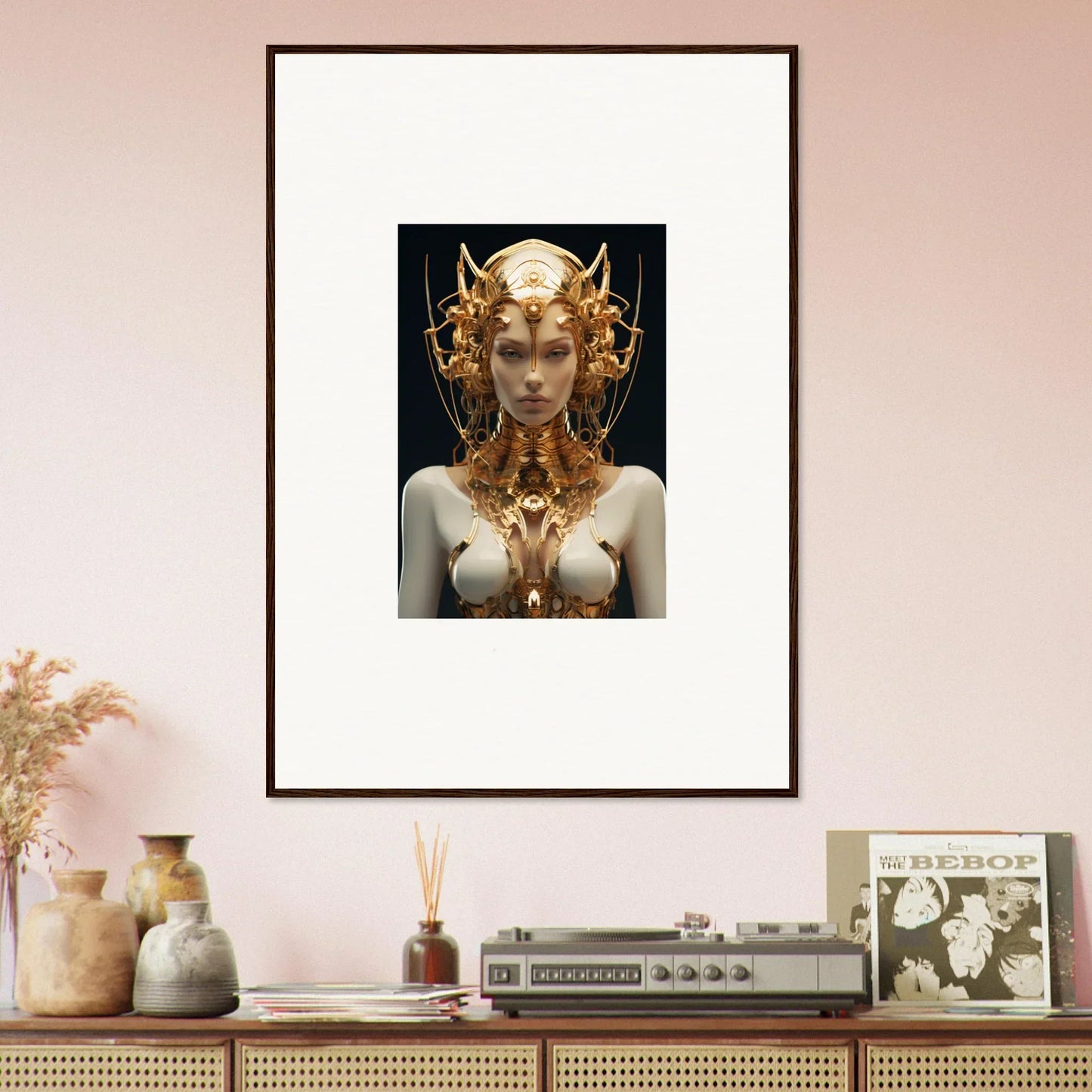 Framed canvas print of a mechanical goddess in a golden headdress for room decoration