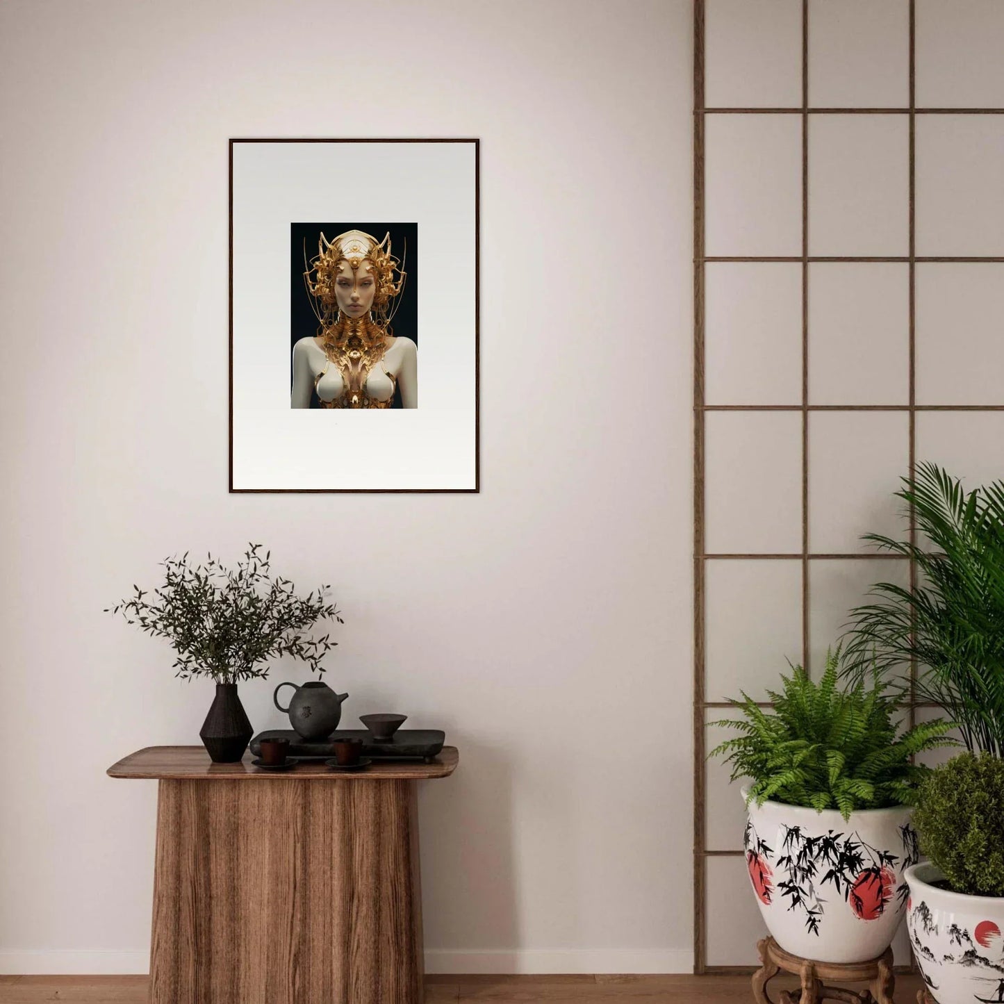 Framed canvas print of a mechanical goddess with an ornate golden headdress for room decoration