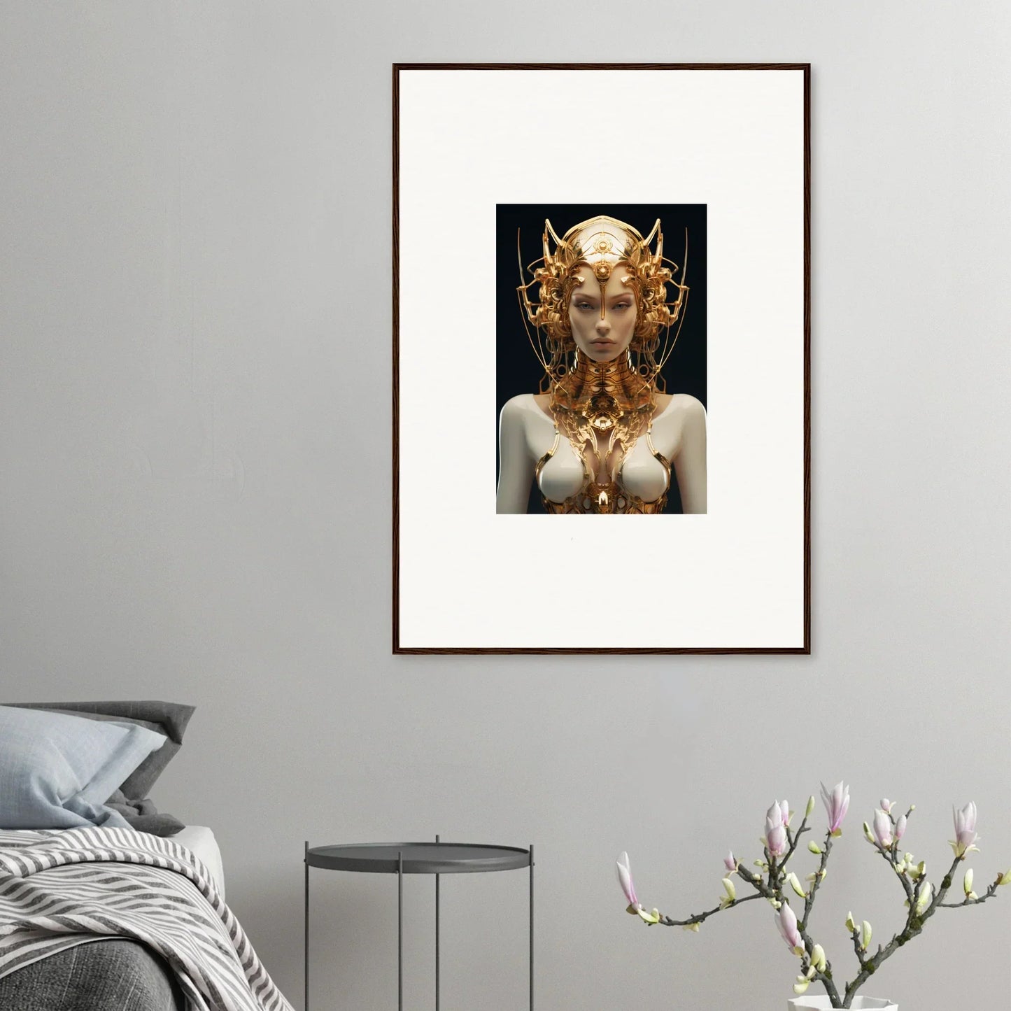 Framed canvas print of a Mechanical Goddess in a golden headdress for room decoration