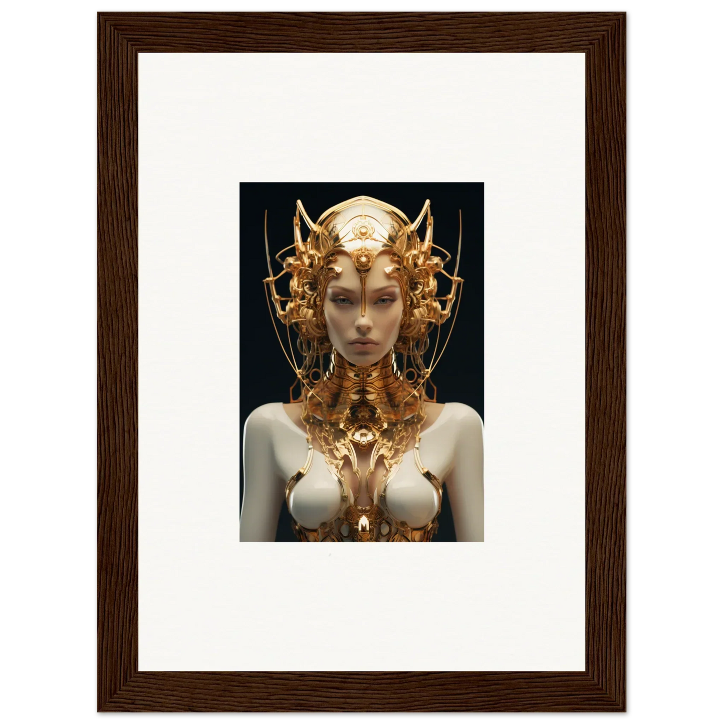 Ornate golden headdress and bodice on a pale figure for a Mechanical Goddess canvas print