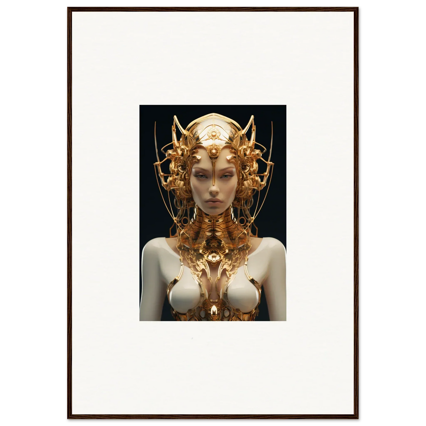 Ornate golden headdress and bodice on a pale-skinned Mechanical Goddess canvas print