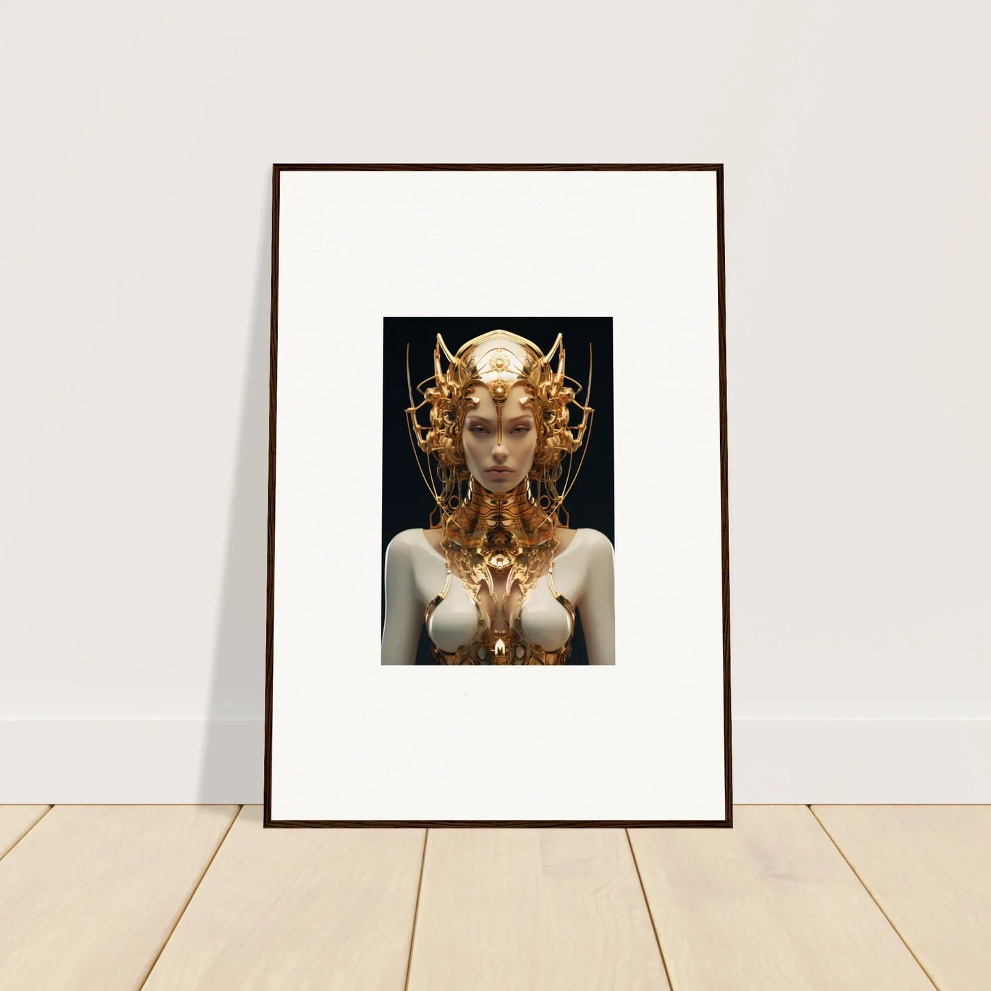Framed canvas print of a Mechanical Goddess with a golden headdress for room decoration