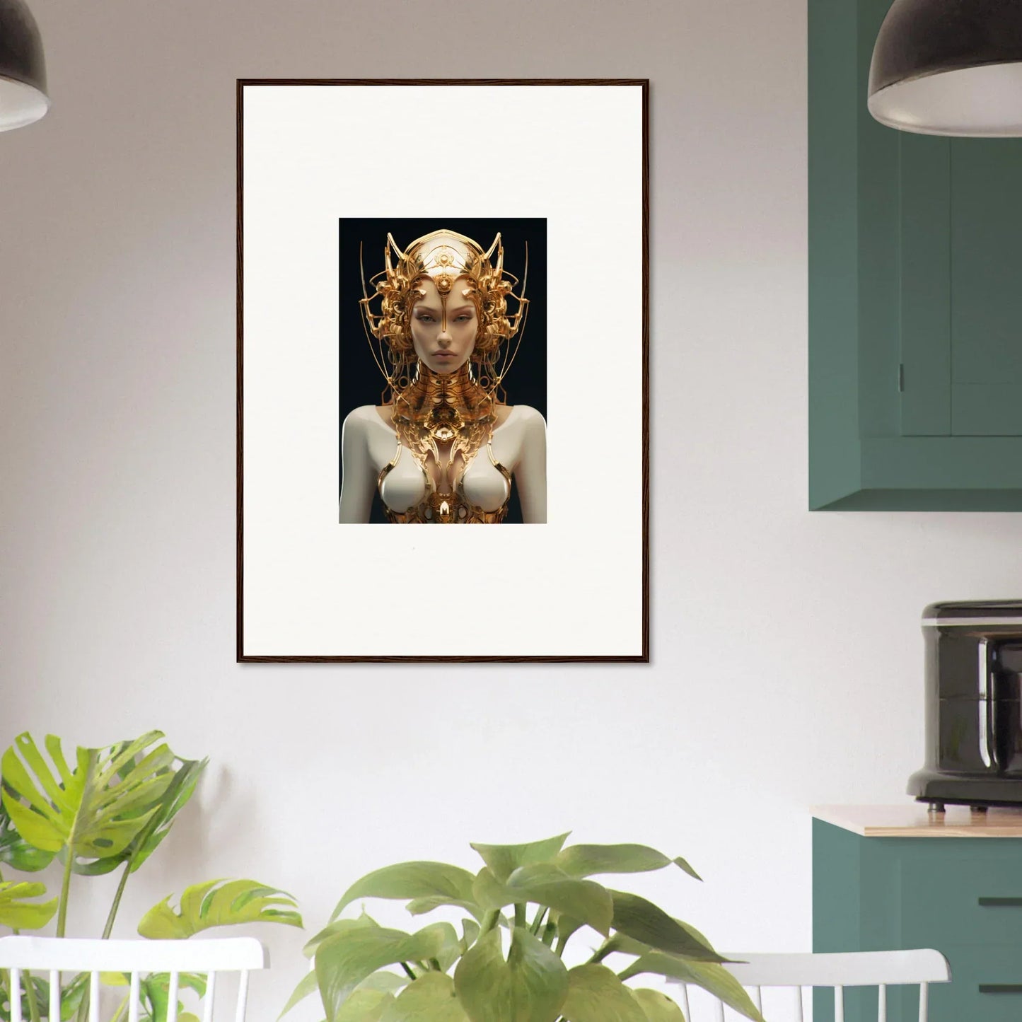 Framed canvas print of a Mechanical Goddess with a stunning golden headdress for room decoration