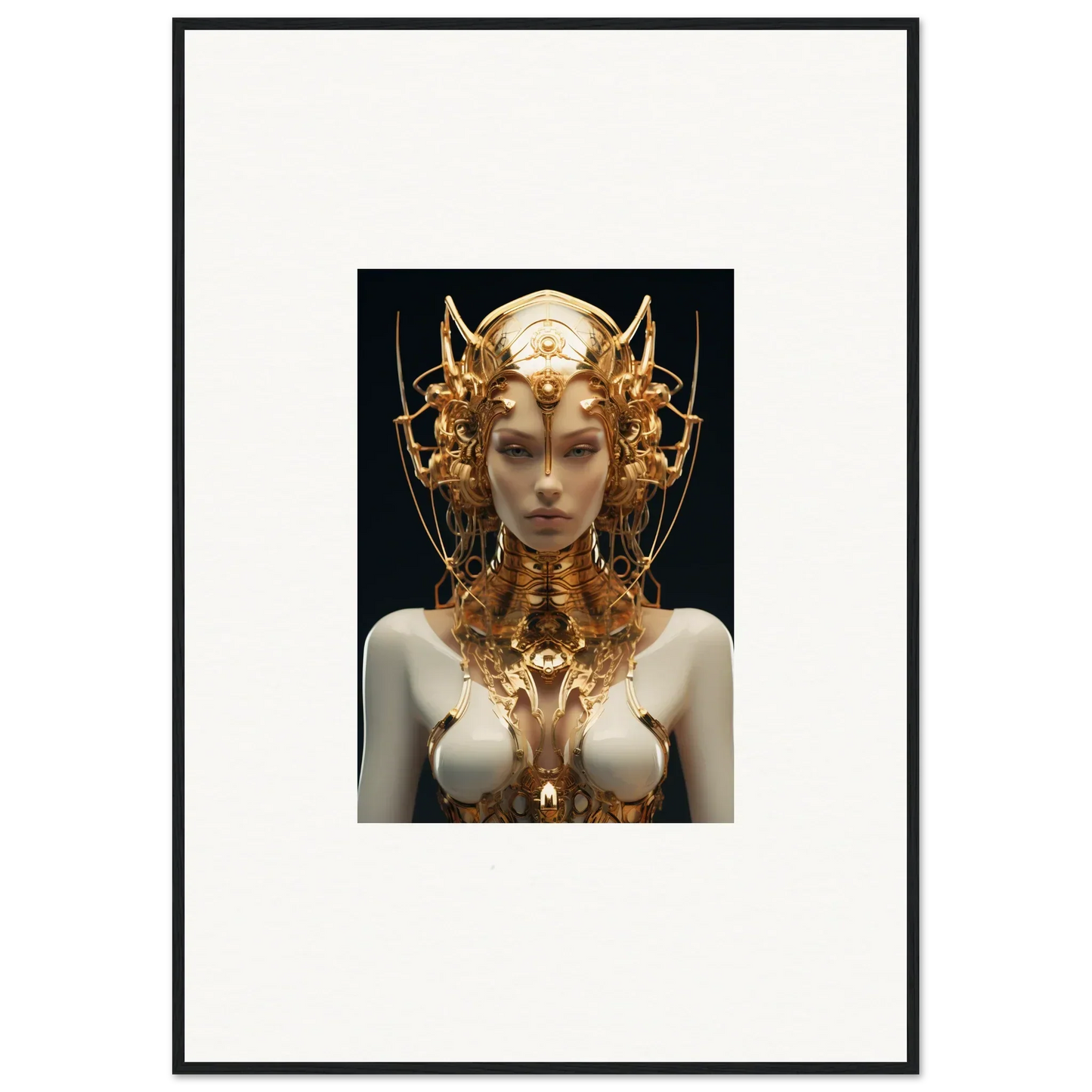 Ornate golden headdress and bodice on a pale mechanical goddess for canvas print room decor