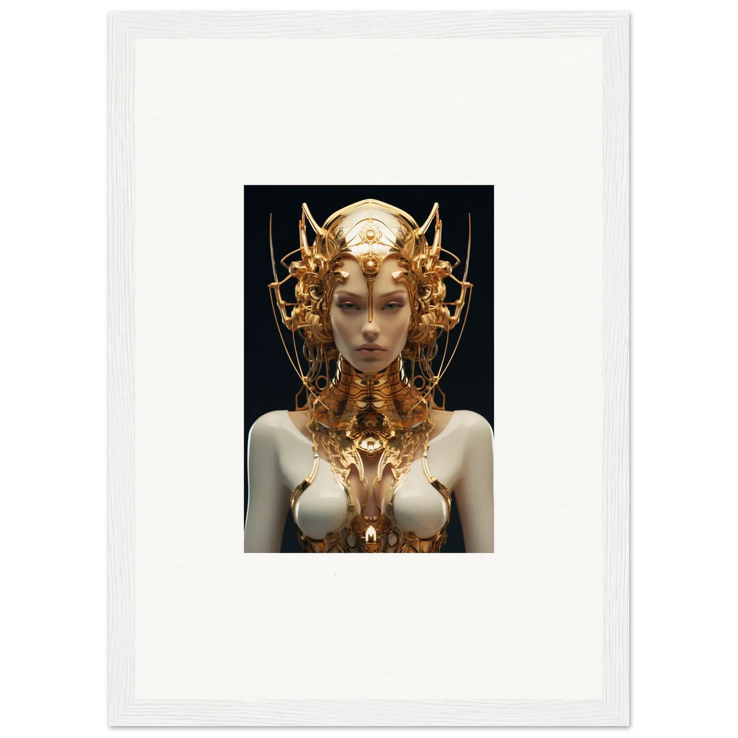 Ornate golden headdress and armor on a pale-skinned Mechanical Goddess canvas print